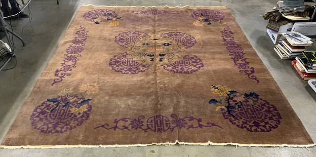 Vntg Handmade Chinese Art Deco Wool Pile Rug: Rug is vintage. Piece is handmade with wool pile. Piece has intricate multi toned floral, leaf & geometric detail. Rug measures approximately 118 inches long 97 inches wide. Rug, Chinese Art deco rug,