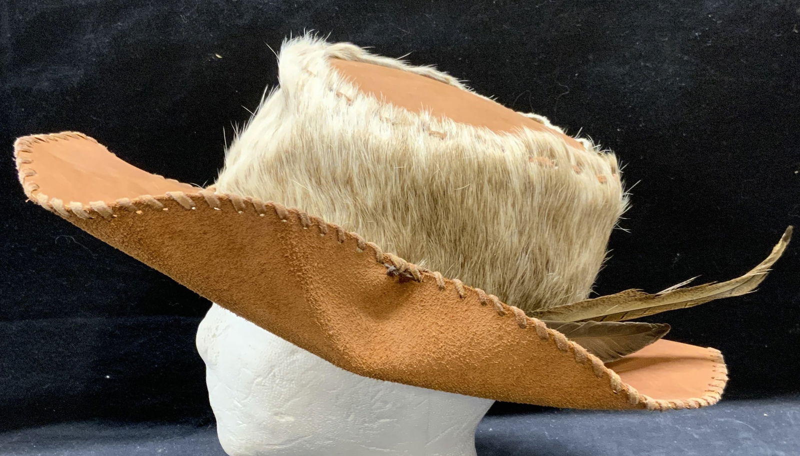 Vintage Tan Leather, Fur, Feather Hat & Box (1 of 8)
