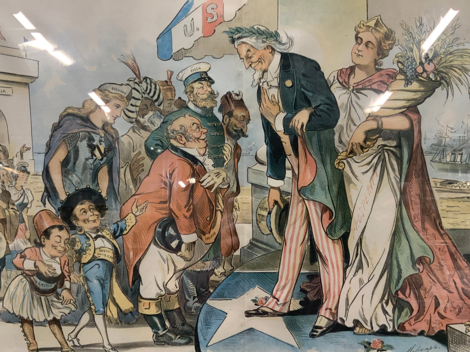 1896 Puck Magazine Political Cartoon Lithograph: Copyright 1896, By Keppler & Schwarzman. Marked Puck on upper margin, and reads Congratulations are now in order,. Depicts Uncle Sam and lady prosperity receiving thanks from personifications of Engla