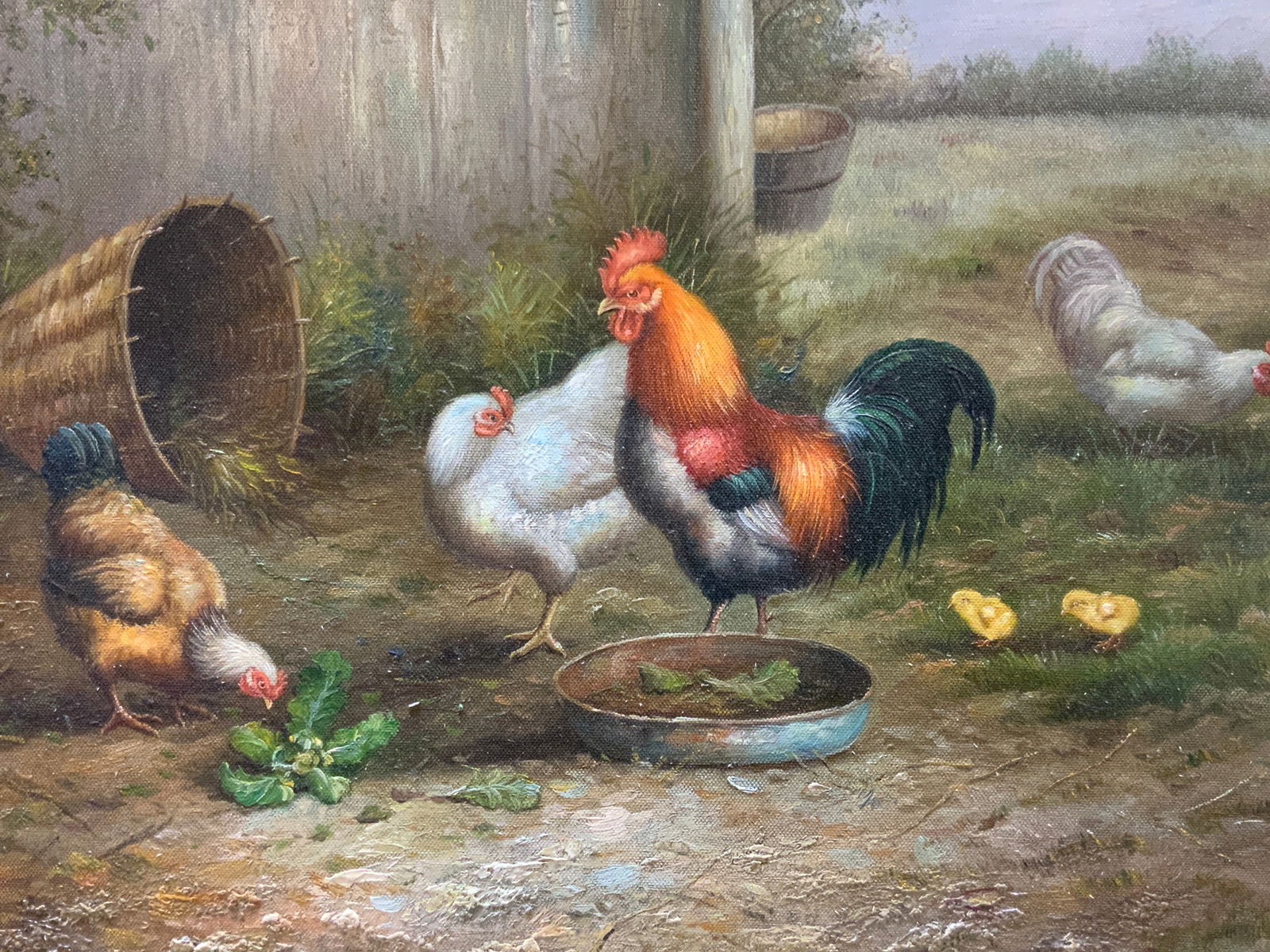 Signed Chicken & Roosters Oil Painting (1 of 10)