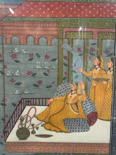 Mughal Ladies Of The Harem Painting On Silk: Mughal painting on watercolor, ink and gouache on silk depicting ladies serving a woman who is seated on near a water bank filled Lily pads and water lilies, as she holds a hookah in her hand and cups