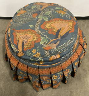 DMC Vintage Skirted Pouf Ottoman: Tag on underside reads DMC. Ottoman is upholstered & includes skirted cover. Some areas have welting. Cover has intricate multi toned floral, leaf, bird & geometric detail. Piece measures approximatel