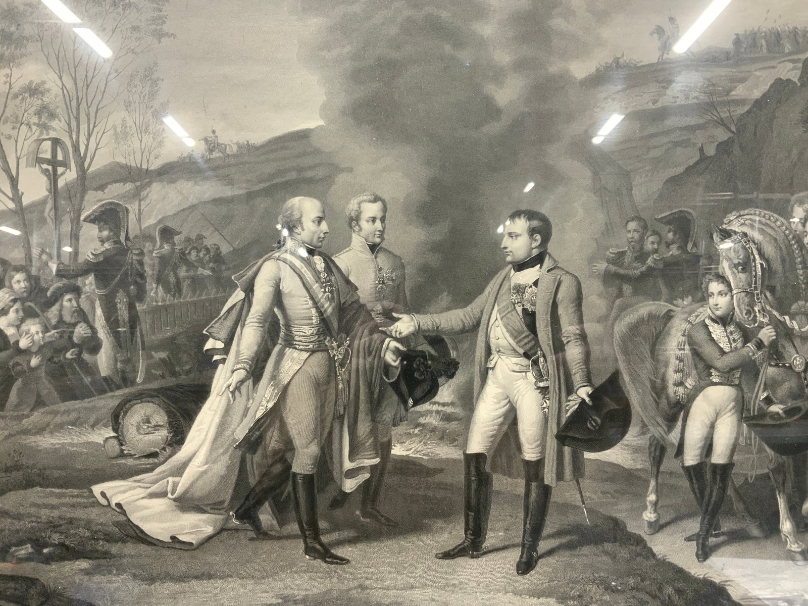Vallot Interview With Napoleon Engraving: Marked on lower right confer Engraved by Vallot, painter Cros. Marked on margin Entrevue de Napoleon 1er Et de Francois III. After the battle of Austerlitz Depicts Napoleon speaking to other higher ra