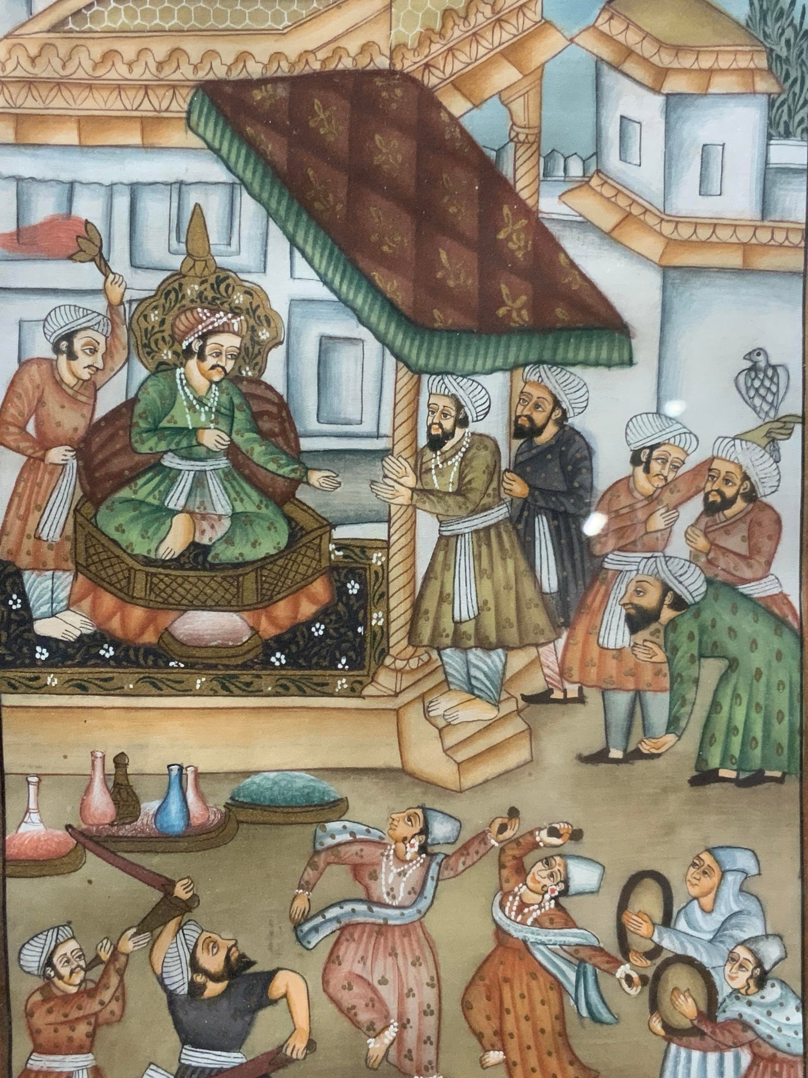 Antique Persian Mughal Painting On Silk: Antique Persian Mughal painting on silk, depicting a Royal seeing his people while seated on a stage with performers in front of the stage. Framed in a gold leafed wooden frame with pink mat board. Ap
