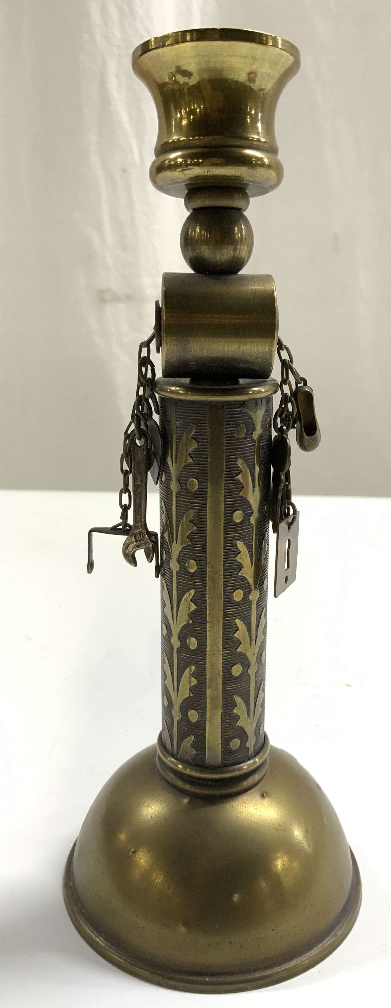 Antq Brass Victorian Candlestick W Hanging Charms (1 of 7)