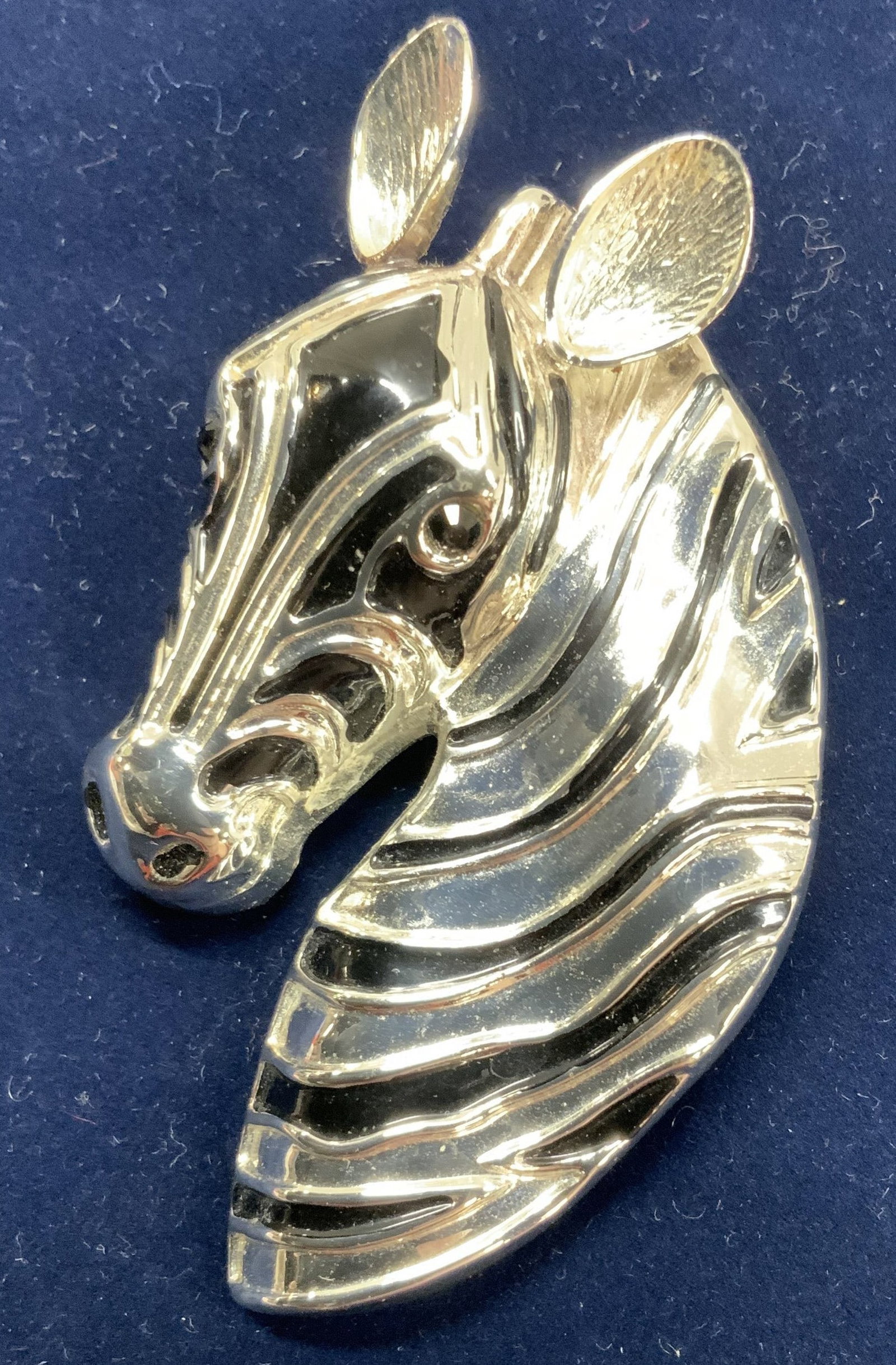 BOTB Zebra Brooch/ Pendant: Signed BOBT silver tone and black enamel zebra brooch and pendant in one. Measures 2.75 x 1.5 in. Property of Manhattan Estate DuPont Heir. luxury designer jewelry, luxury Bobt zebra brooch, African s
