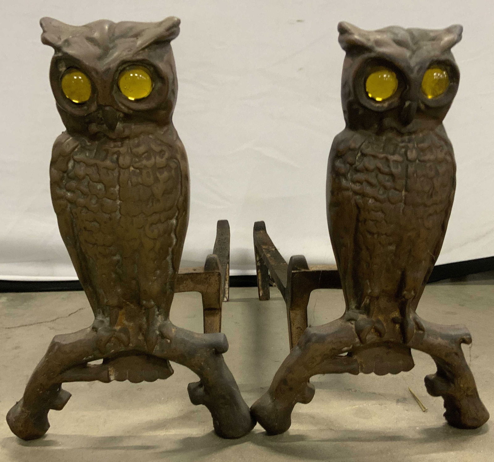 Pair Vintage Glass Eye Iron Owl Andirons 13inH (1 of 11)