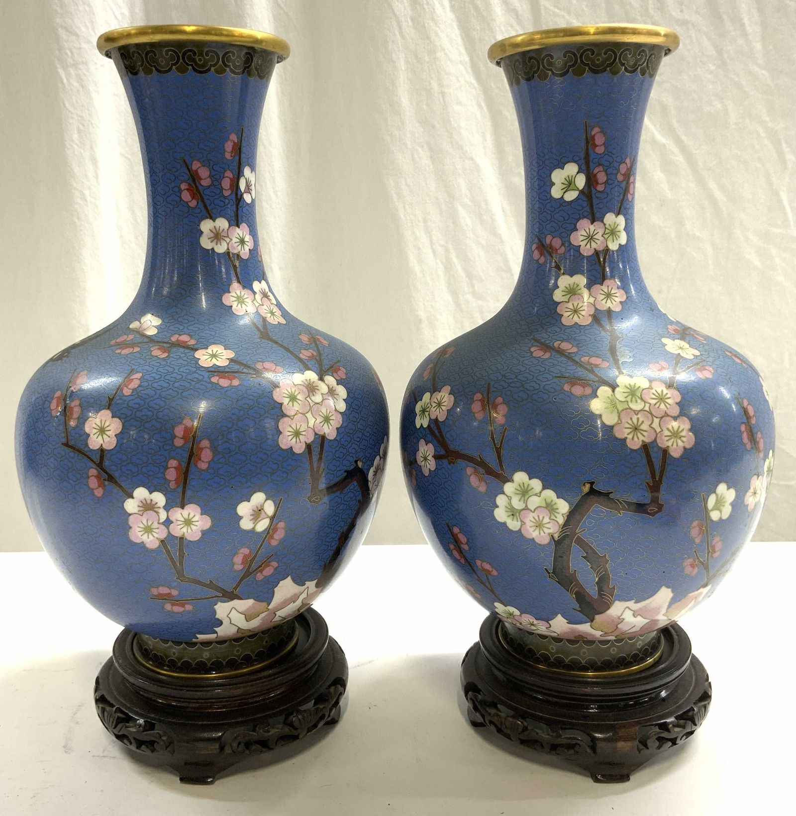 Pair Vintage Enamel Cloisonne Vases W Wood Stands (1 of 9)