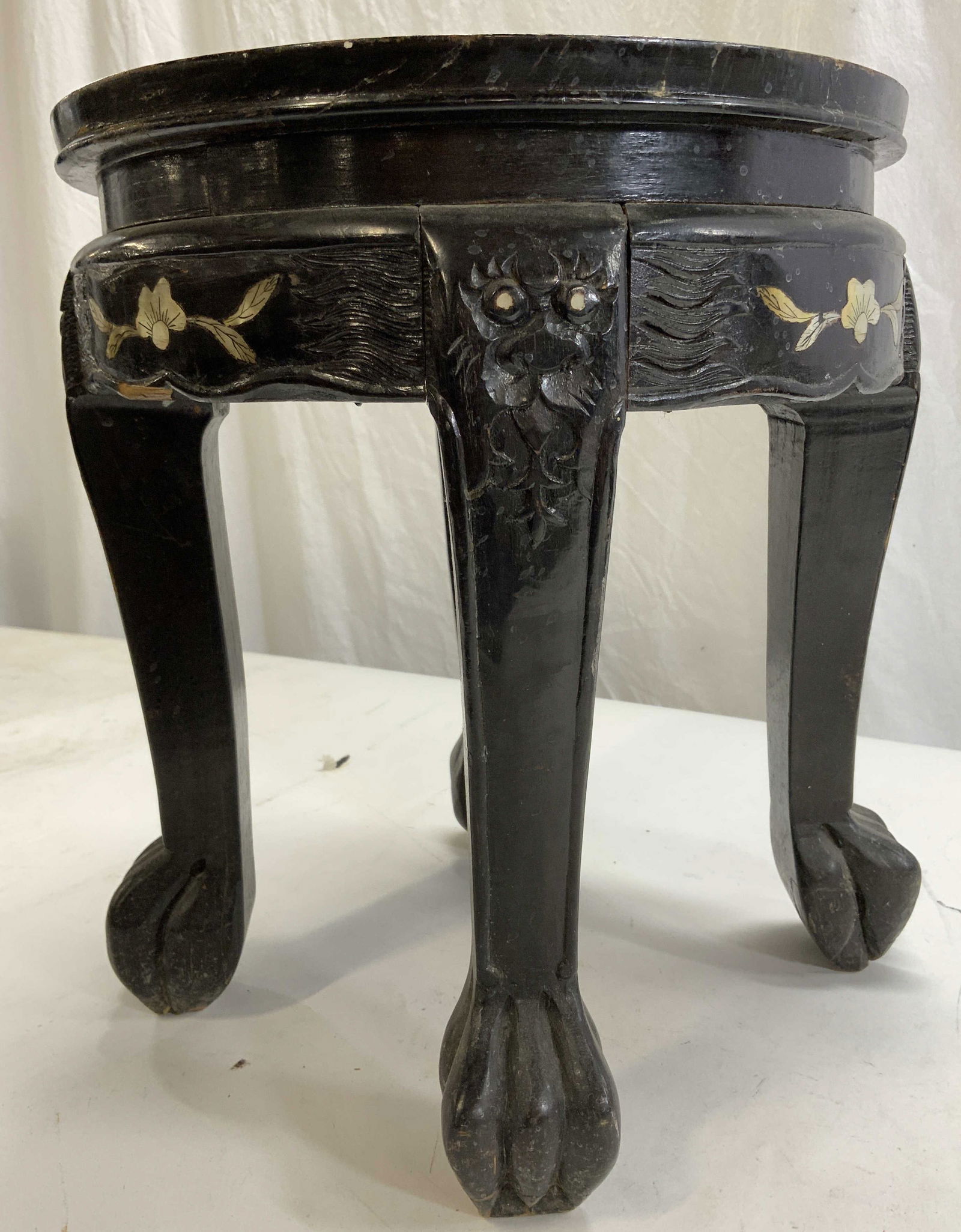 Asian Carved Dragon Wood Stool w MOP (1 of 8)