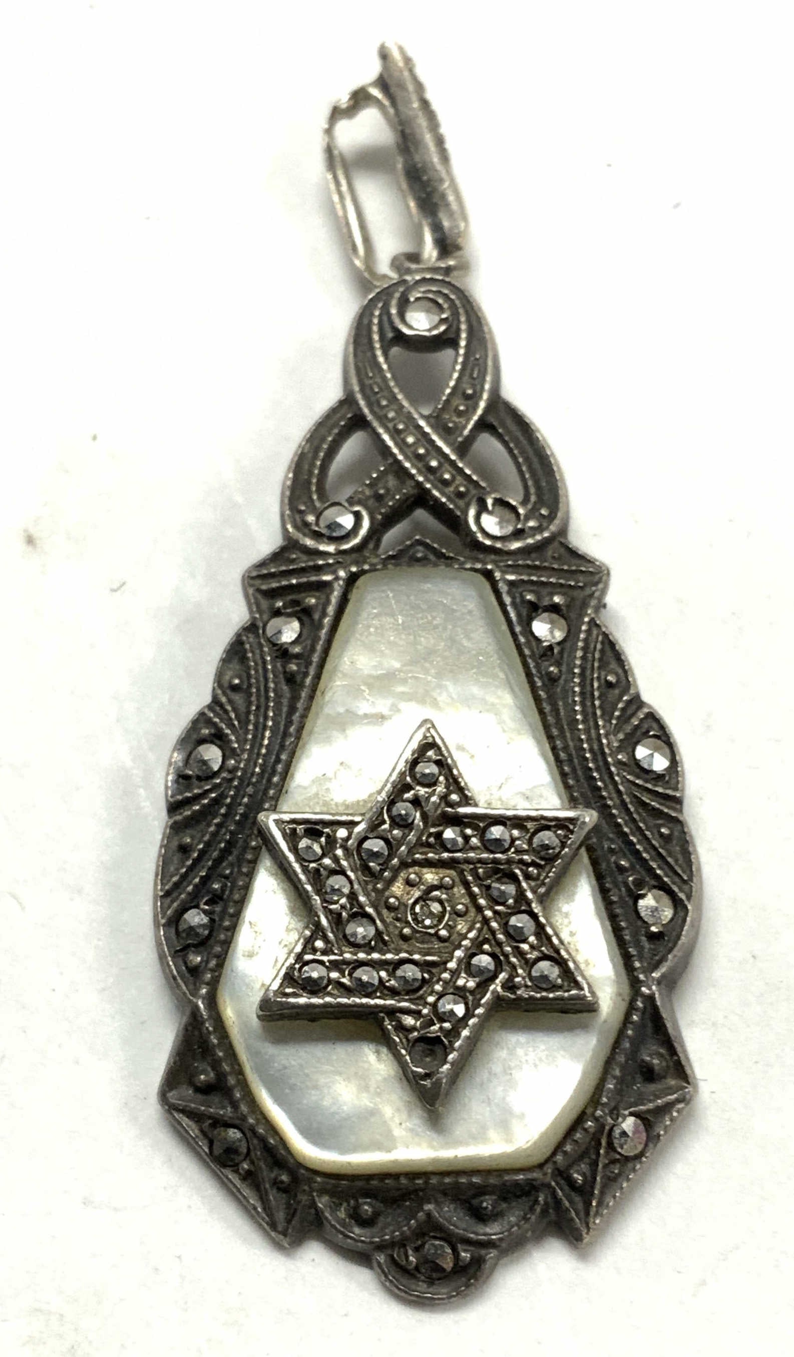 Theda Ling Sterling Silver Judaica Pendant: Mother of Pearl marcasite sterling silver pendant with sterling and MARCASITE Star of David. Marked sterling and Theda Ling. Measures 1.75 x 3/4 in. .25 ozt tw Luxury Statement jewelry, Luxury Chunky 