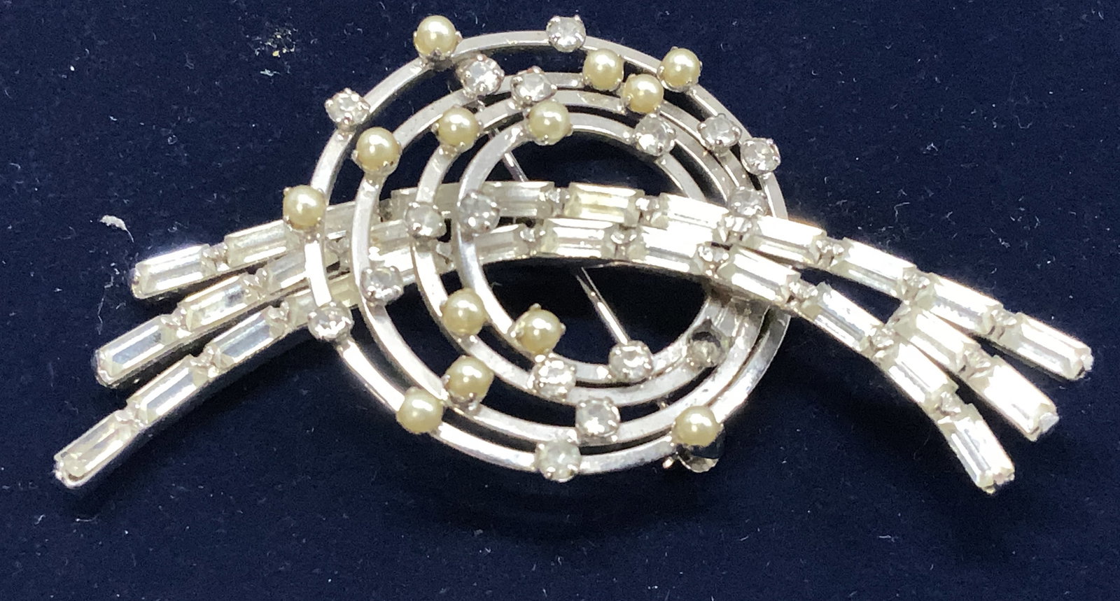 Sterling Silver BEAU Brooch w Baguette Crystals: 2.5 x 1.5 in. Sterling silver brooch. Art nouveau design, Marked sterling and Beau. Baguette and rounded crystals with pearl style seed beads. .47 ozt tw. Fine poster ling pins and brooch, sterling Be