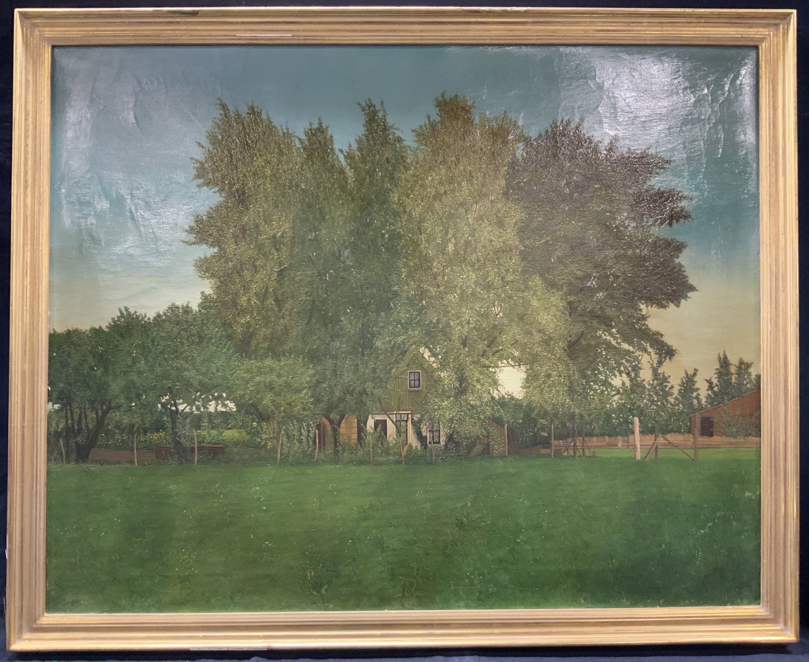 Sgd Farmhouse Landscape Oil Painting: Vintage oil painting, signed on lower right corner depicting a farm house covered by trees. Framed in a gold leafed wooden frame Approx 34.5 x 43 inches window measures 31 x 39 inches. Moderate wearin