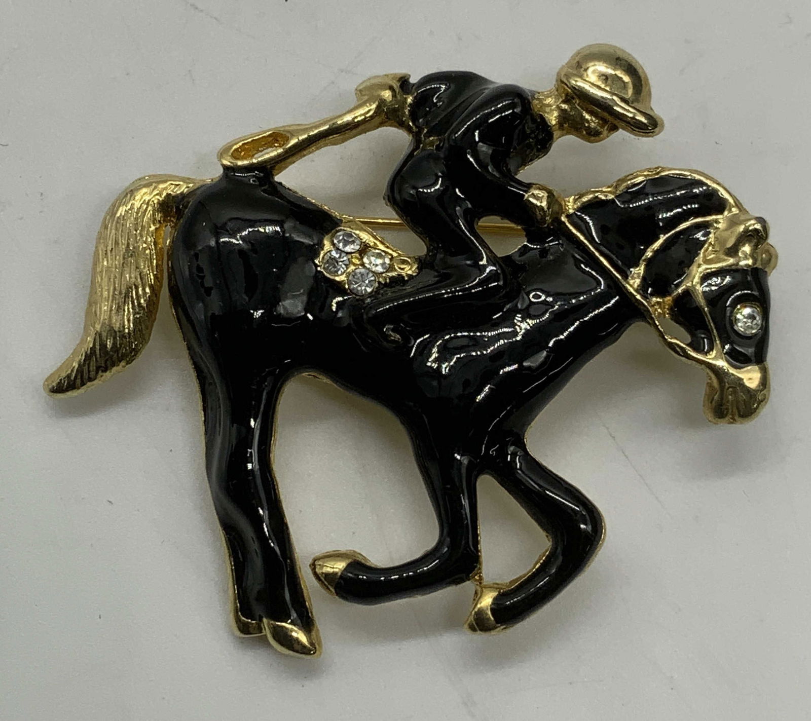 Vtg Gold Tn Enameled Crystal Horse & Jockey Brooch (1 of 6)