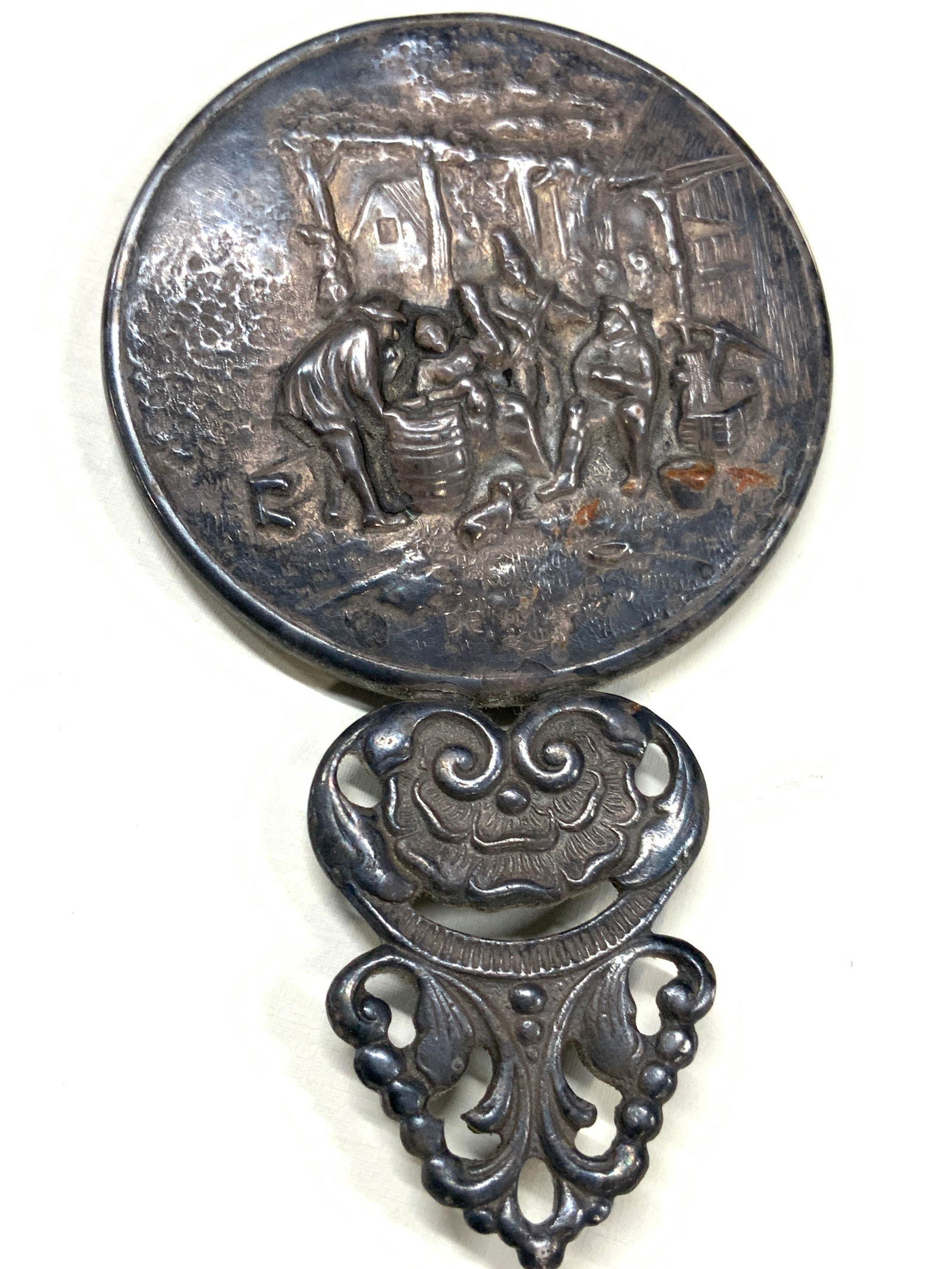 Sterling Silver Vntg Tavern Scene Mirror Denmark: Appears to be hallmarked with whale figure possibly indicating Hans Jensen c1940s, marked Denmark, no other hallmarks or signatures noted. Tavern scene. Sterling silver tested positive compact hand mi