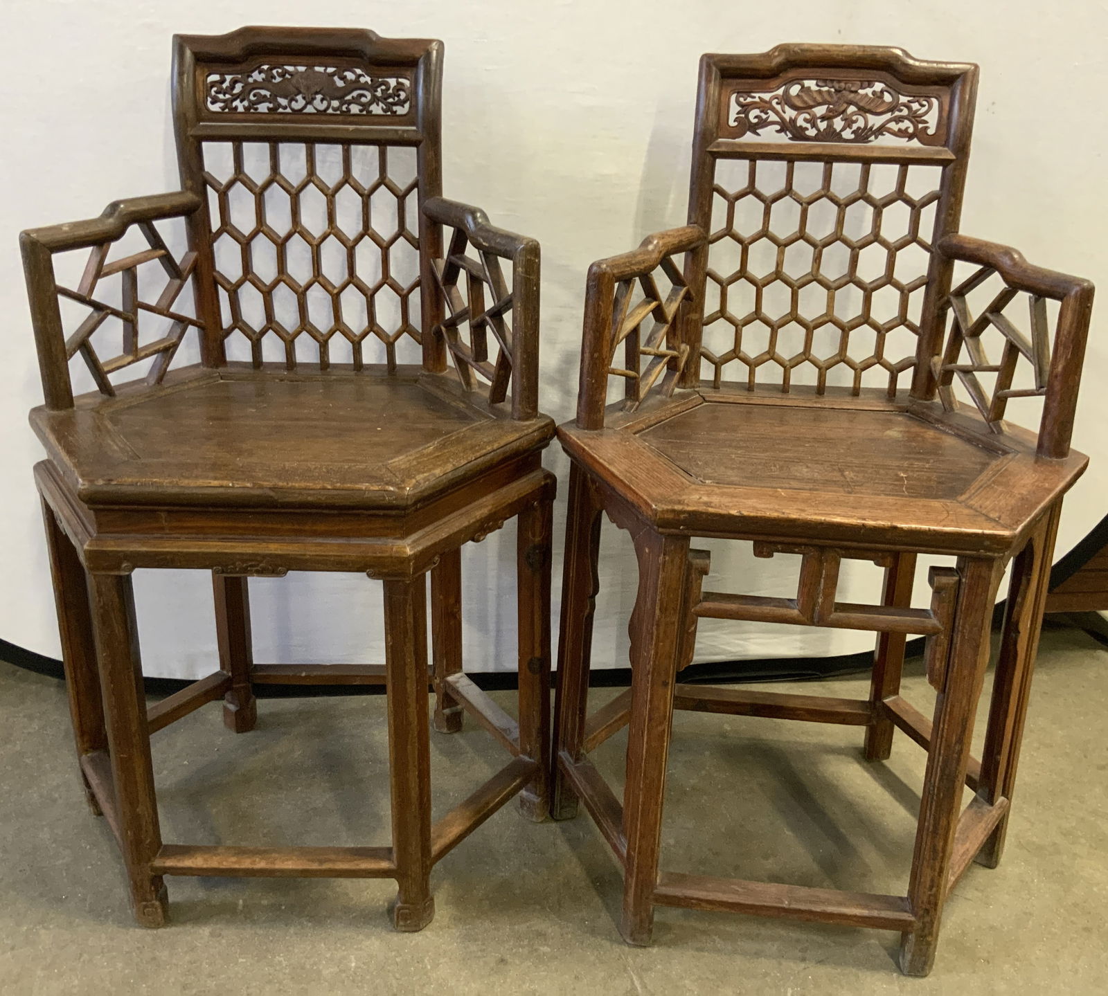 Pair Antique Asian Carved Wood Hexagonal Chairs (1 of 18)