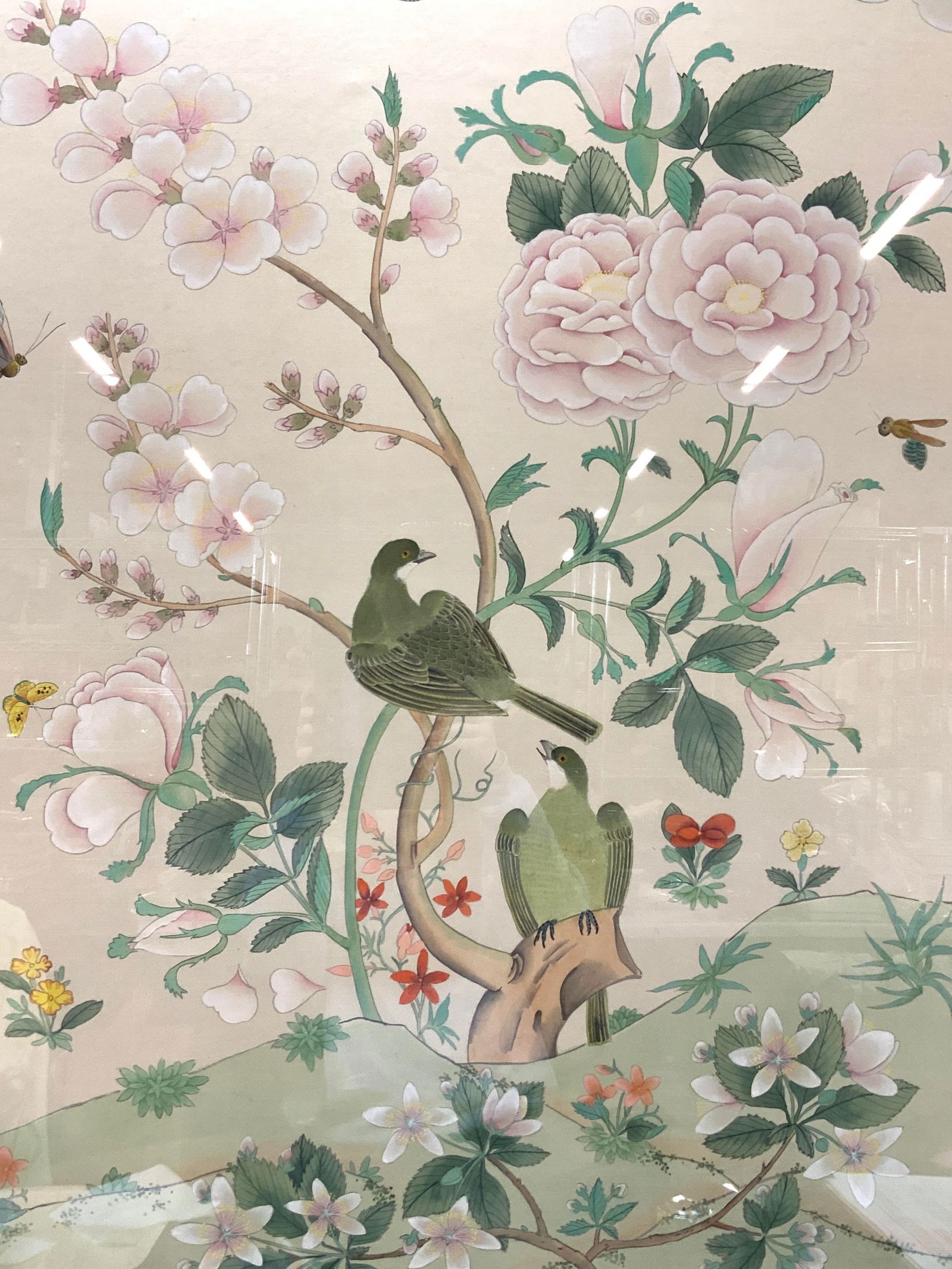 Hand Painted Bird & Floral Silk Panel, Framed 46in (1 of 11)