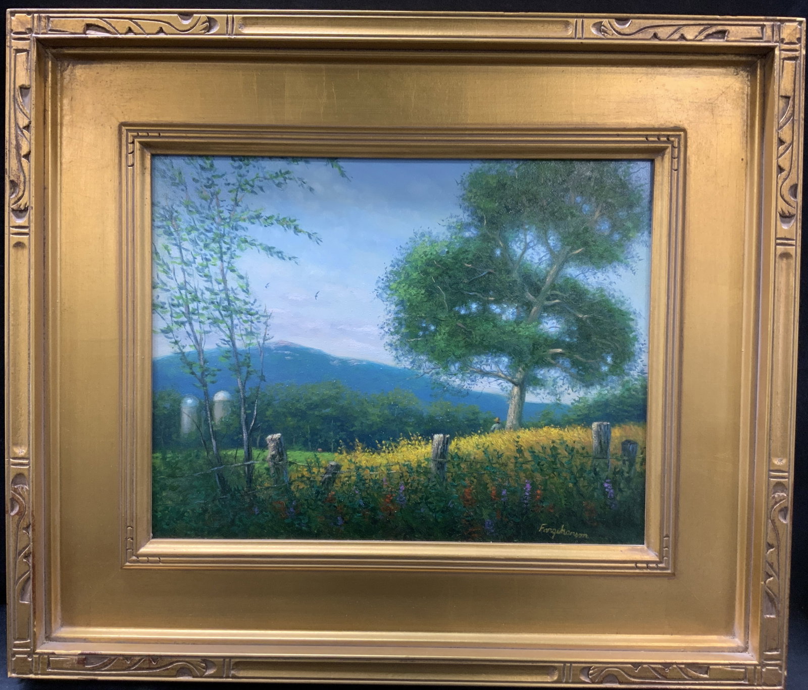 Ferguhanson Signed Landscape Oil Painting: Signed on lower right corner Possibly reads Ferguhanson Depicts a fenced off field with tall yellow grass and someone underneath a lone standing tree looking at the mountain horizons Framed in a carve