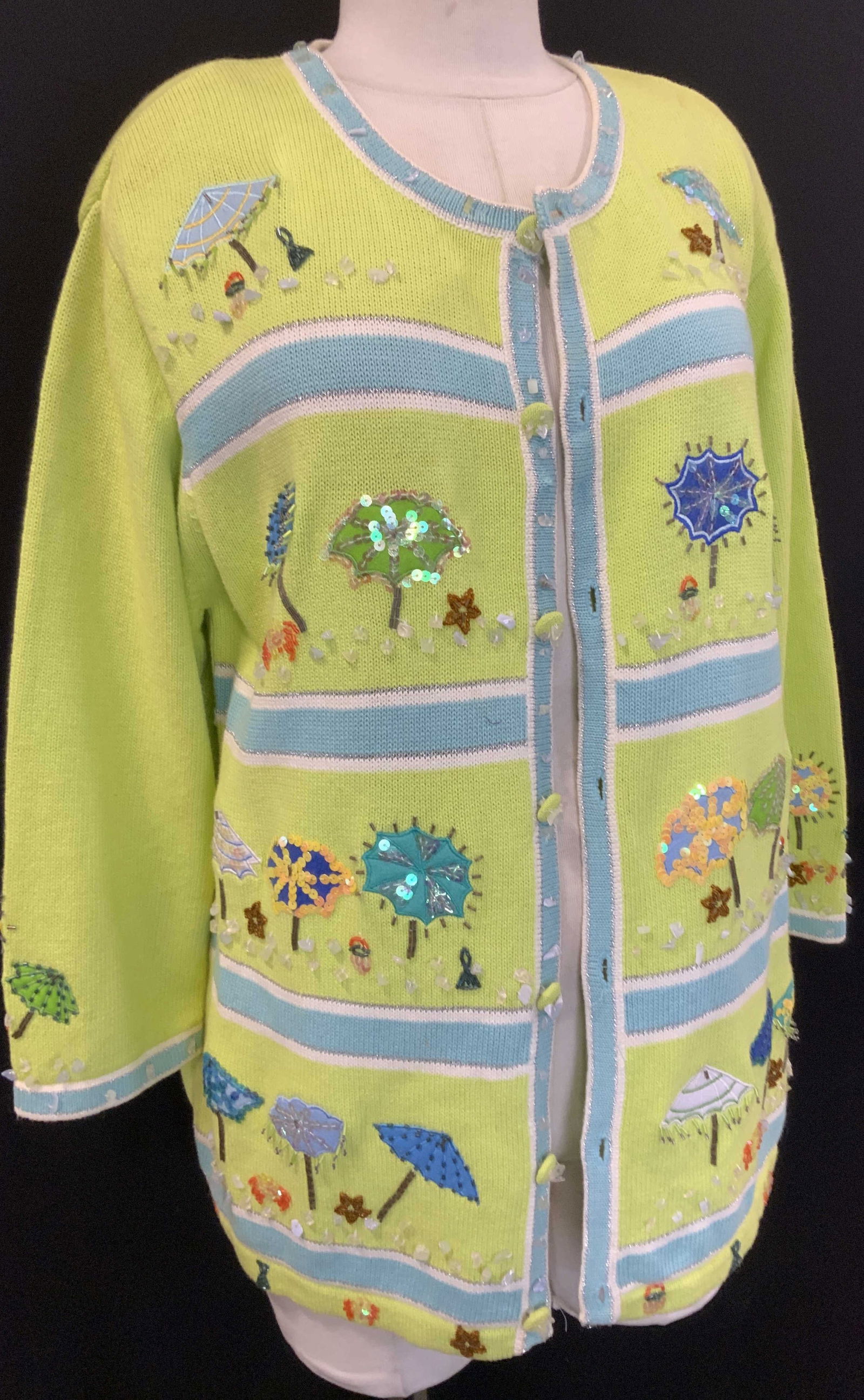 Lime Cotton Knit Cardigan w Applique Umbrellas (1 of 11)