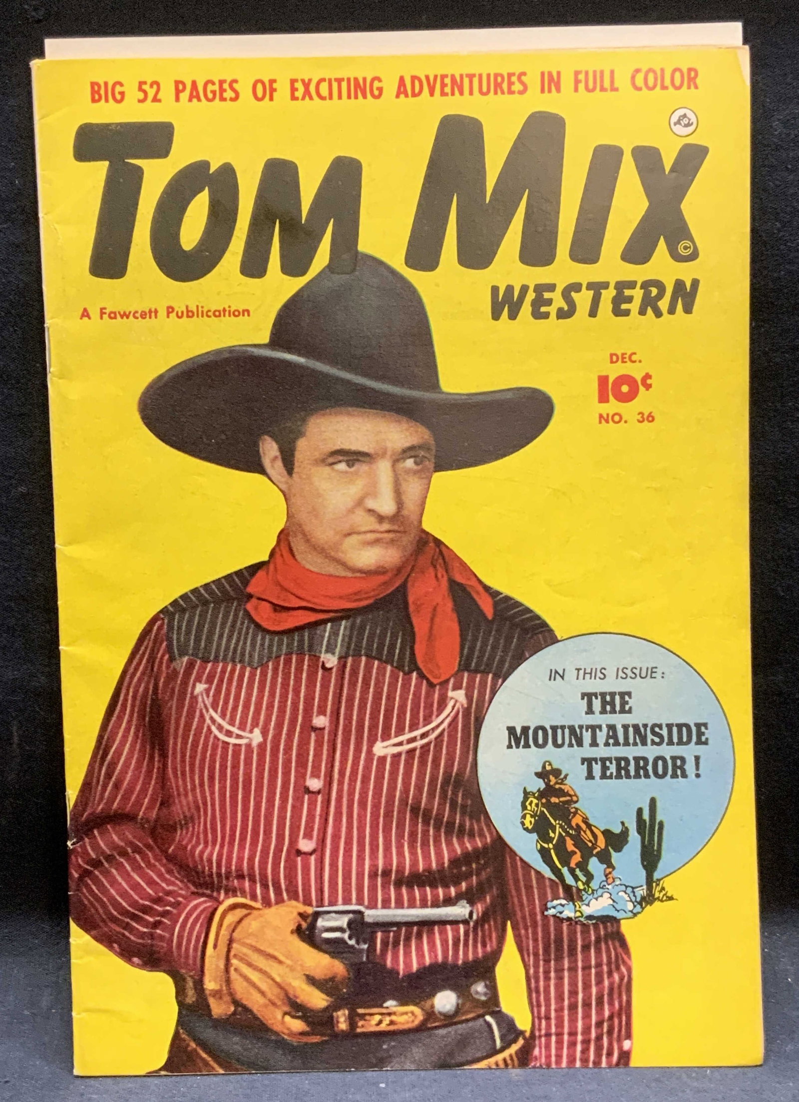 Fawcett Publ Tom Mix Western #36 1950: Fawcett Publication Tom Mix Western issue number 36. Published by Fawcett Publication, 1950. Illustrated in color. Measures approx. 10.25 x 7 inches. Wear to cover, pages, and binding consistent with 