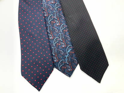 Lot 3 Silk Ties, Andre Oliver, Rodier & More: Lot of 3 assorted silk ties, one marked Andre Oliver, and Rodier, the other not marked with brand tag, polka dots and paisley designs. Approx 56 inches long Moderate wearing to threading on backsides