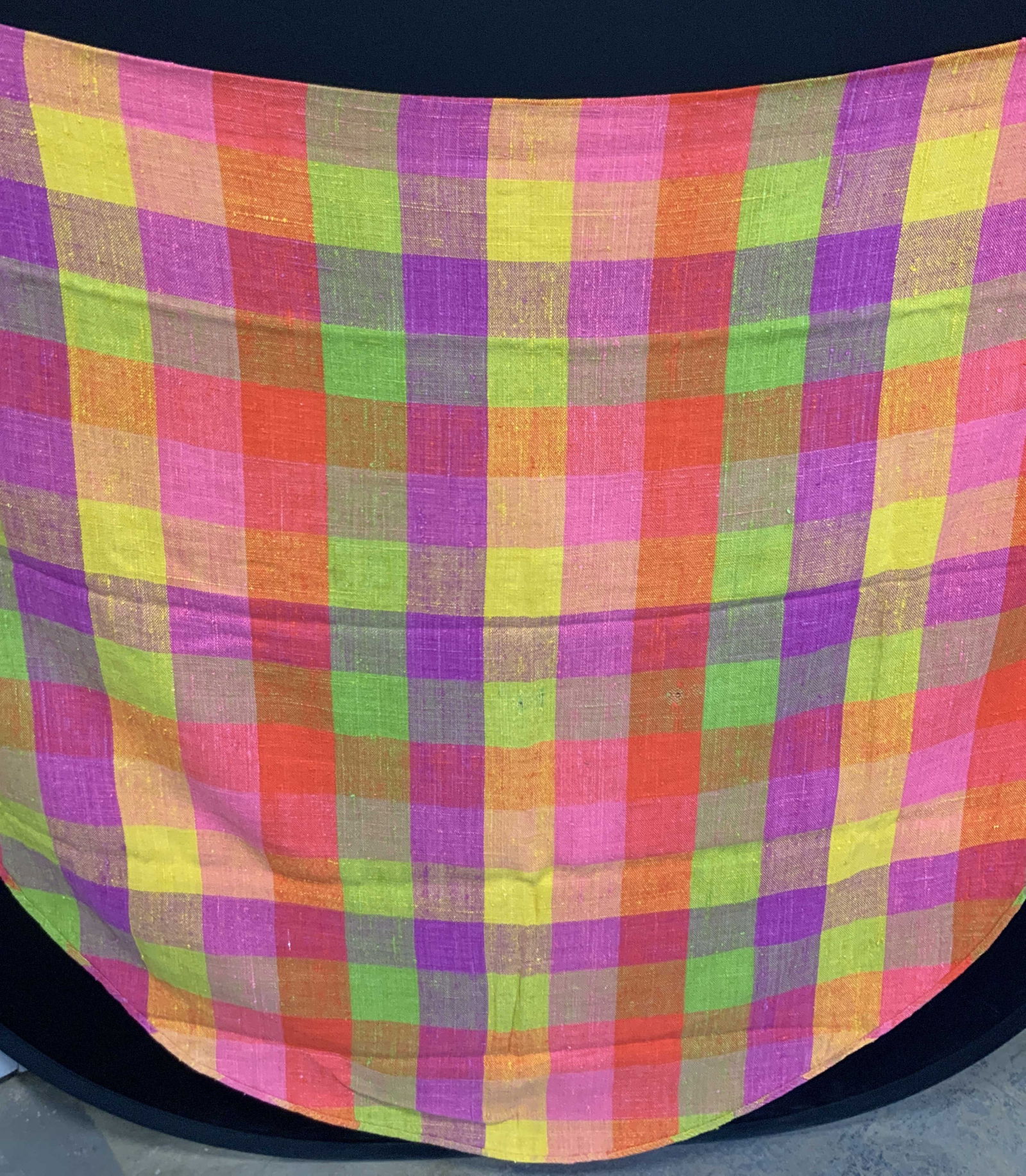 Vintage Cotton Checkered Tablecloth: Vintage, checkered patterned tablecloth in an oval shape, possibly made of cotton, made in vibrant colors. Approx 90 x 60 inchesModerate pilling to Fabric due to age and use.Vintage tablecloth, vintag