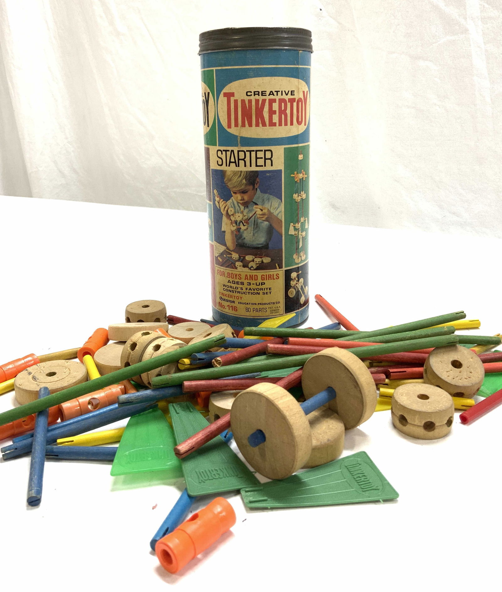 Vtg Tinker Toy Wood Construction Set, Org Can (1 of 6)