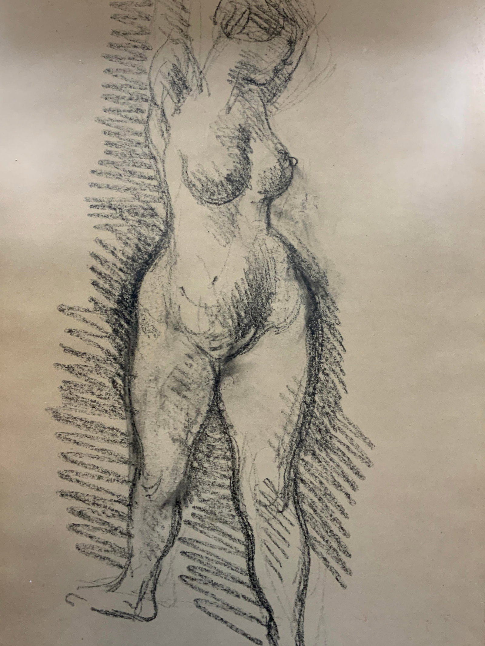 Vtg Charcoal Nude Female Figure Drawing: Framed in black wooden frame with golf leaf inner paneling. A nude female figure drawing in charcoal. Approx 18.5 x 14 inches window measures 14 x 10 inches. Moderate wearing to frame Framed artwork, 