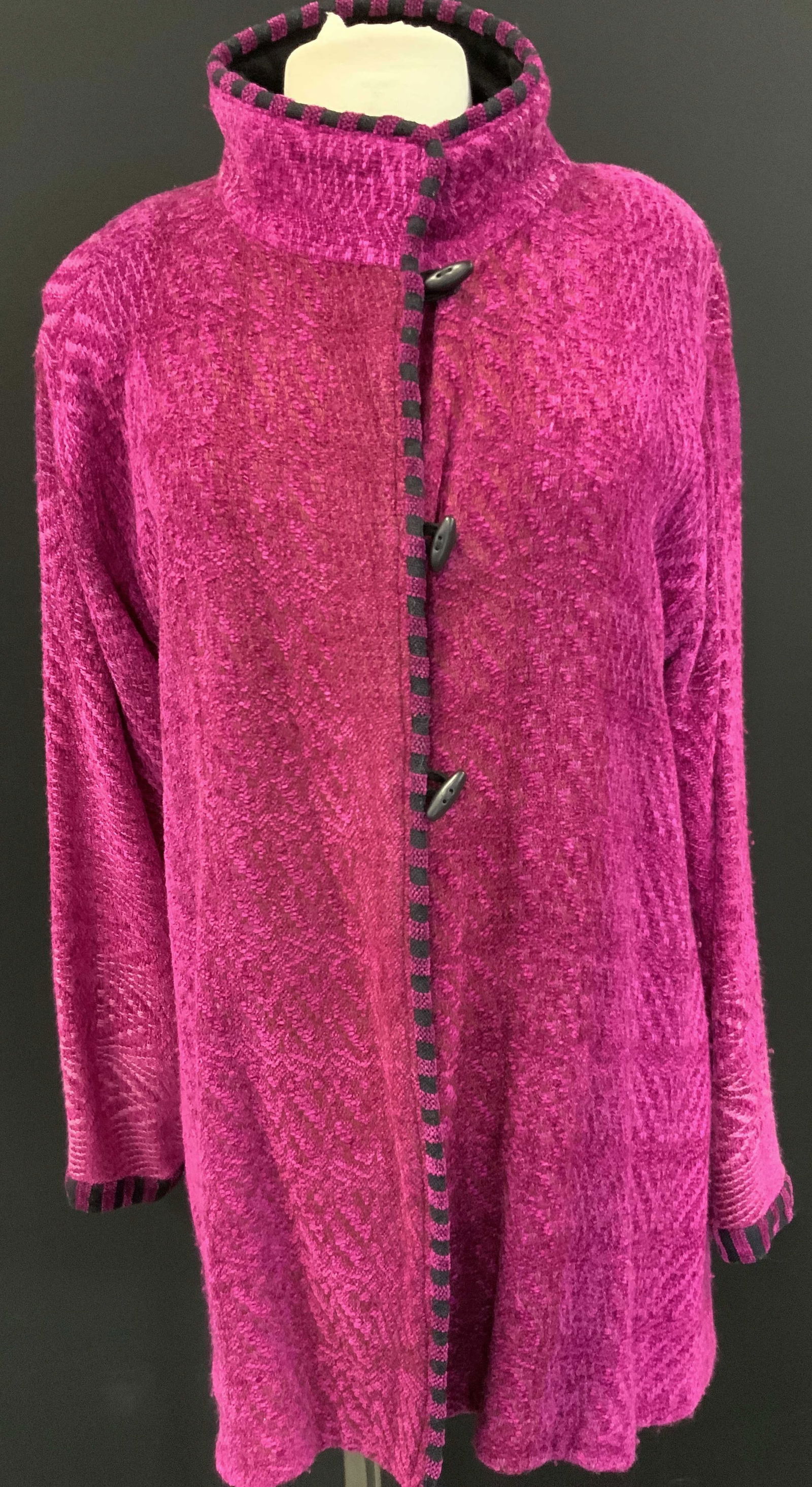 Patricia Palson OS Textile Cardigan: Marked on tag Patricia Palson, one size fits all in magenta tones and wooden beading. Sleeve measure 18 inches from underarm inseam, torso measures 30 inches long and chest measures 22 inches across M