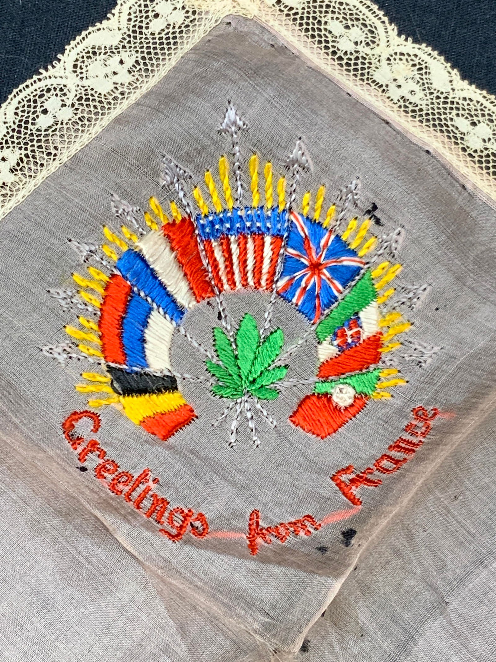 Vintage Embroidered Lace Linen Handkerchief France: Vintage linen and lace edge handkerchief in pink toned with embroidered corner, reading Greetings From France. Approx 9.75 x 9.5 inches Vintage linen. Embroidered lace, lace linens, hanky, vintage han