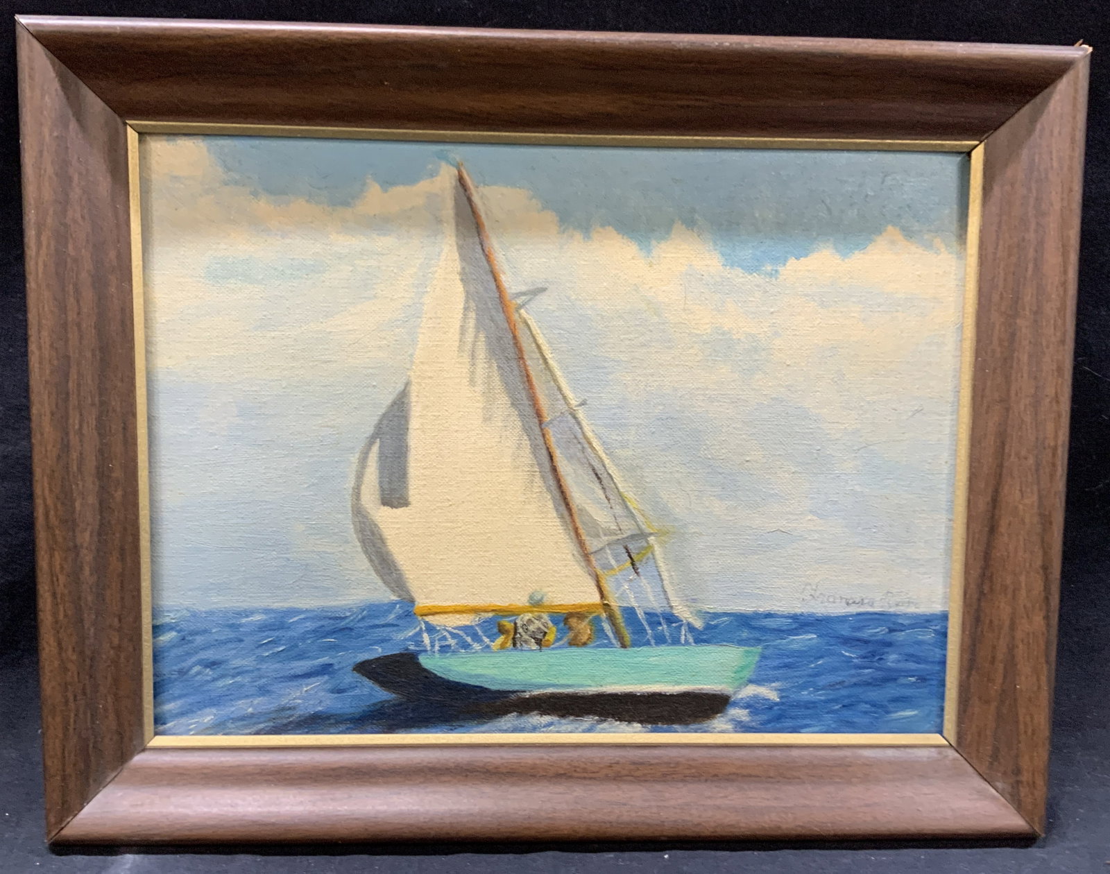 Signed Sail Boat Oil Painting: Oil painting of a sail boat on the ocean, signed on lower right corner illegibly. Framed in a dark wooden frame with gold inner fillet. Approx 11 x 14 inches window measures 8,75 x 11.5 inches Moderat