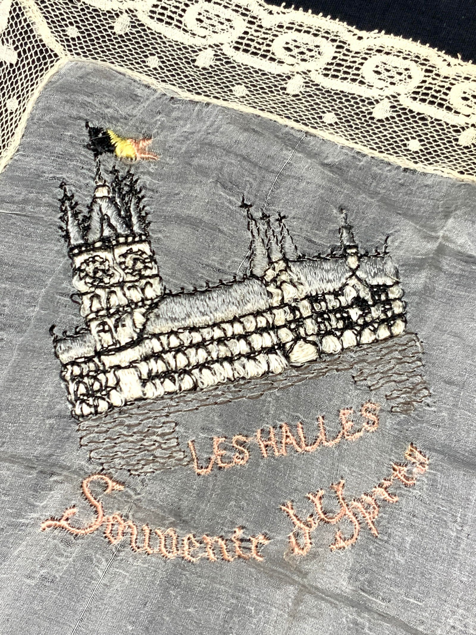 Vintage Les Halles Silk & Lace Handkerchief France: Vintage off white lace and silk made handkerchief with embroidered corner reading and depicting Les Halles. Approx 13 x 14 inches Evident wearing and holes to handkerchief Vintage linen. Embroidered l