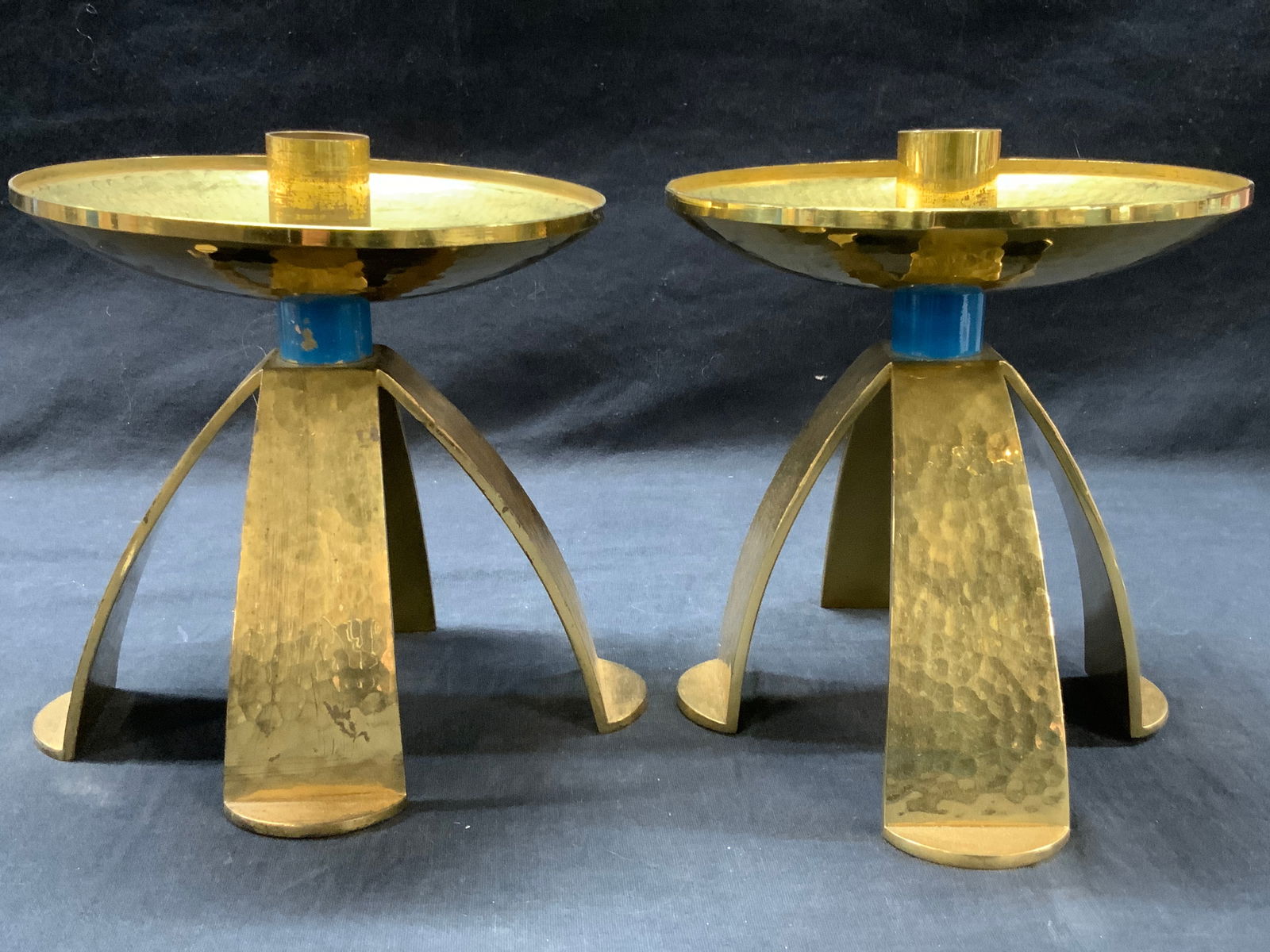 Pr 1964 MCM Swiss Hammered Brass Candle Sticks (1 of 8)