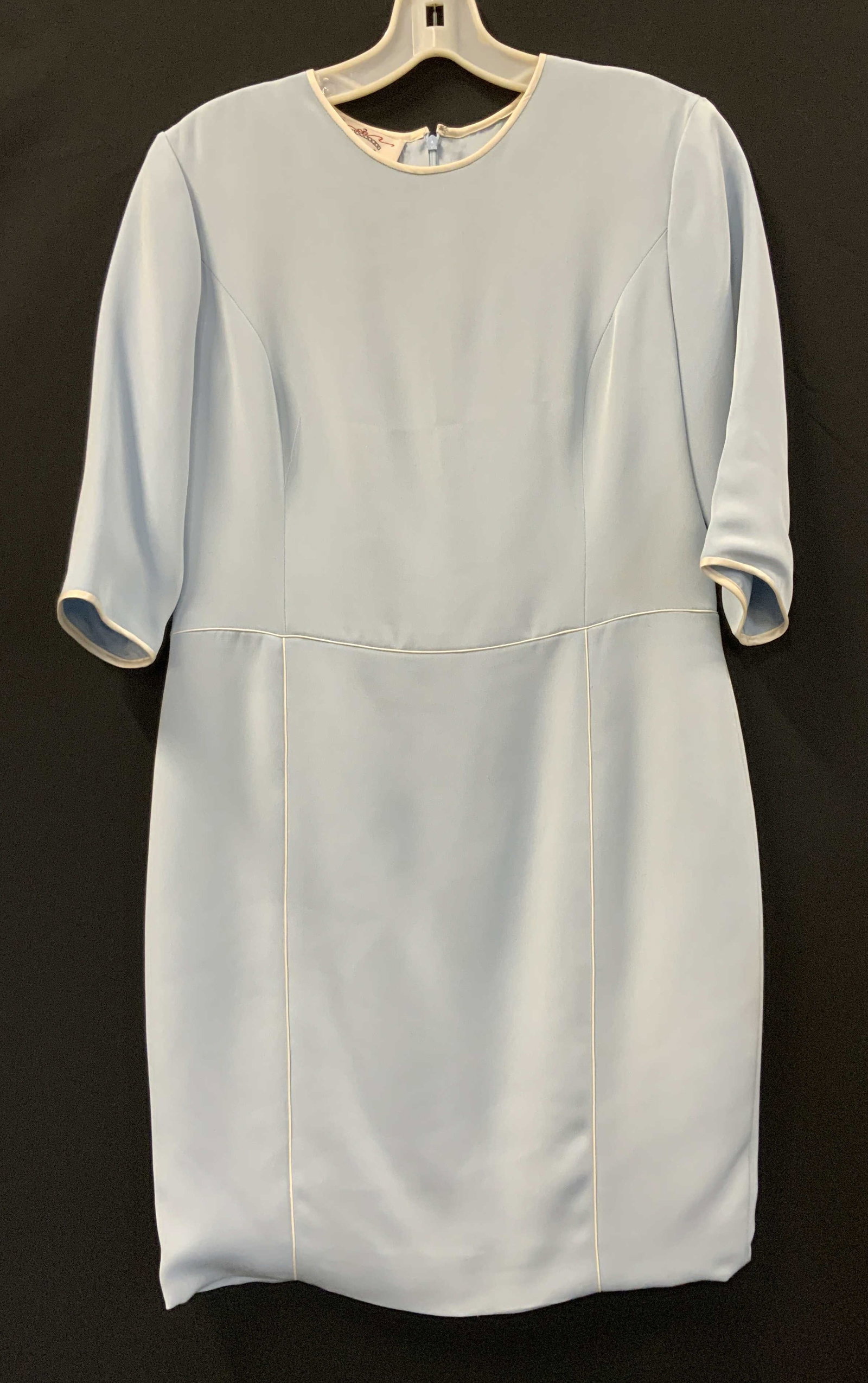 Eric Gaskins Vintage Blue Silk Dress, USA: Light blue silk dress with white trim. 100% silk, including the dress lining. Designer Eric Gaskins. made in USA, 30-32 in. Waist. 34 in. Long. Light wear on back near top zipper Dress, silk dress, pr