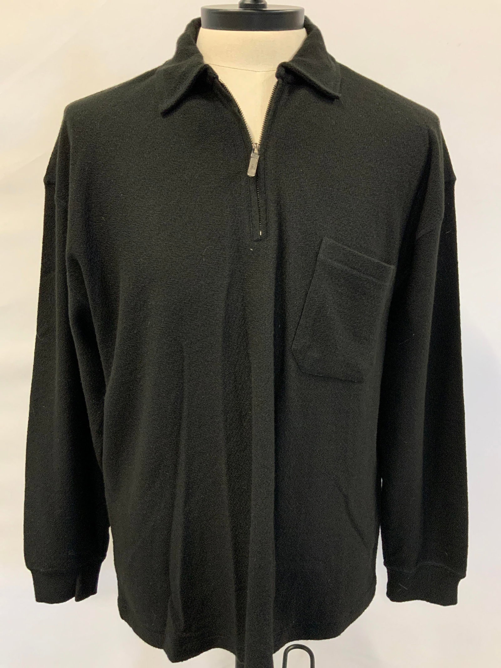 Vira Club Wool Blend Collar Sweater, Turkey: Vira club, size large, wool and viscose. Long sleeve collared sweater with zip up on chest and breast pocket. Sleeves measure 18 inches from underarm inseam, chest measures 20.5 inches across, and tor