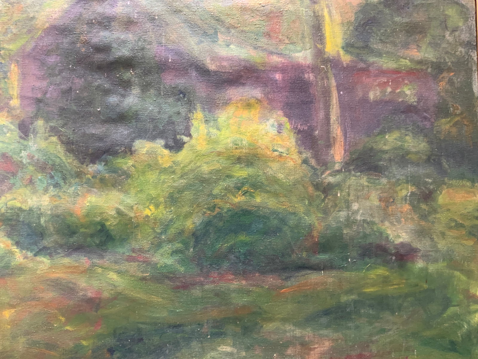 Signed Vintage Abstract Landscape Oil Painting 51in: Signed on lower left corner illegibly. A vintage oil painting with masses of green forms. Framed in a wooden minimalistic frame. Approximately 43 x 51 inches window measures 42 x 50 inches. Moderate w