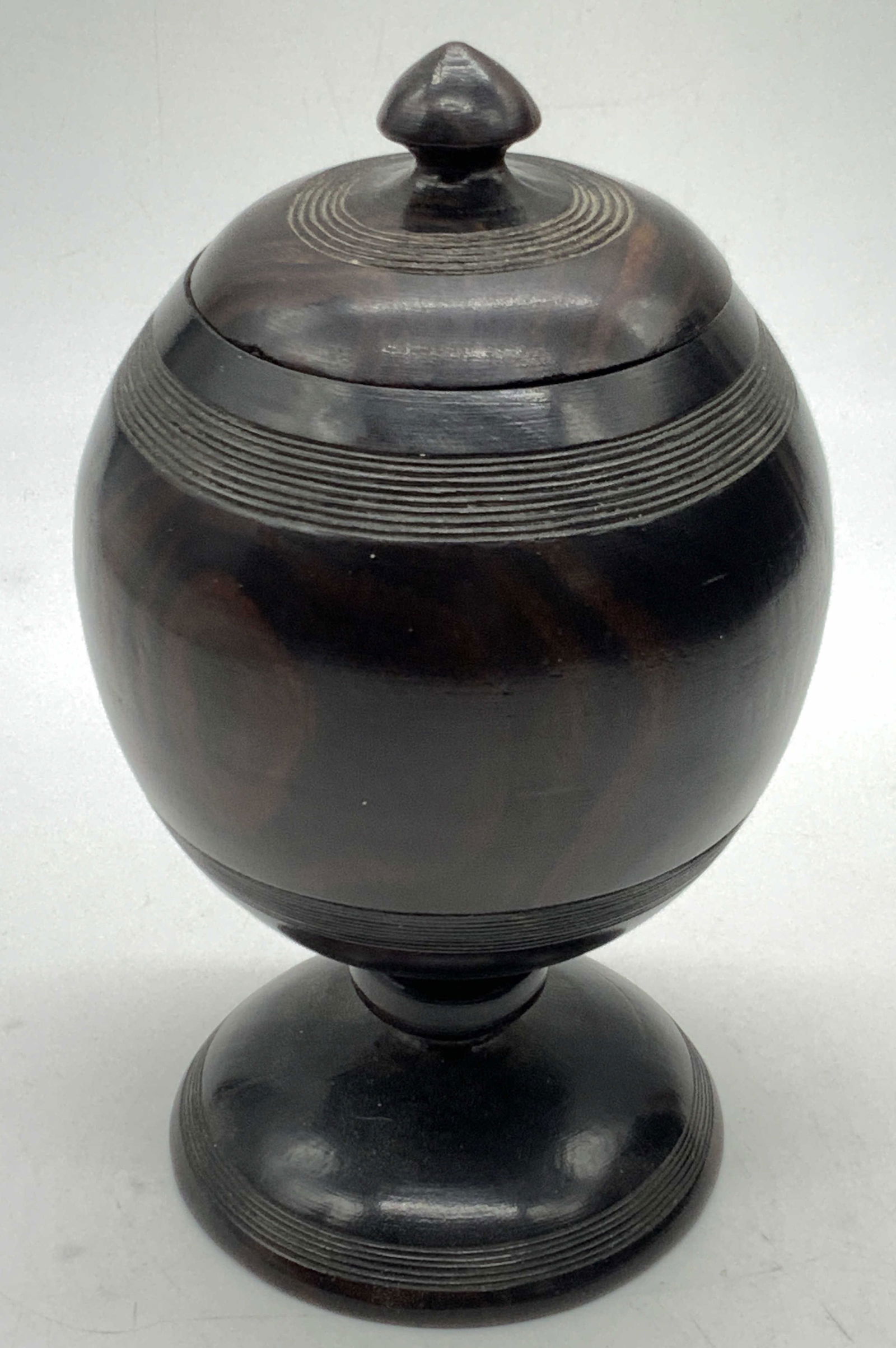 Carved Polished Wooden Footed Lidded Jar (1 of 7)
