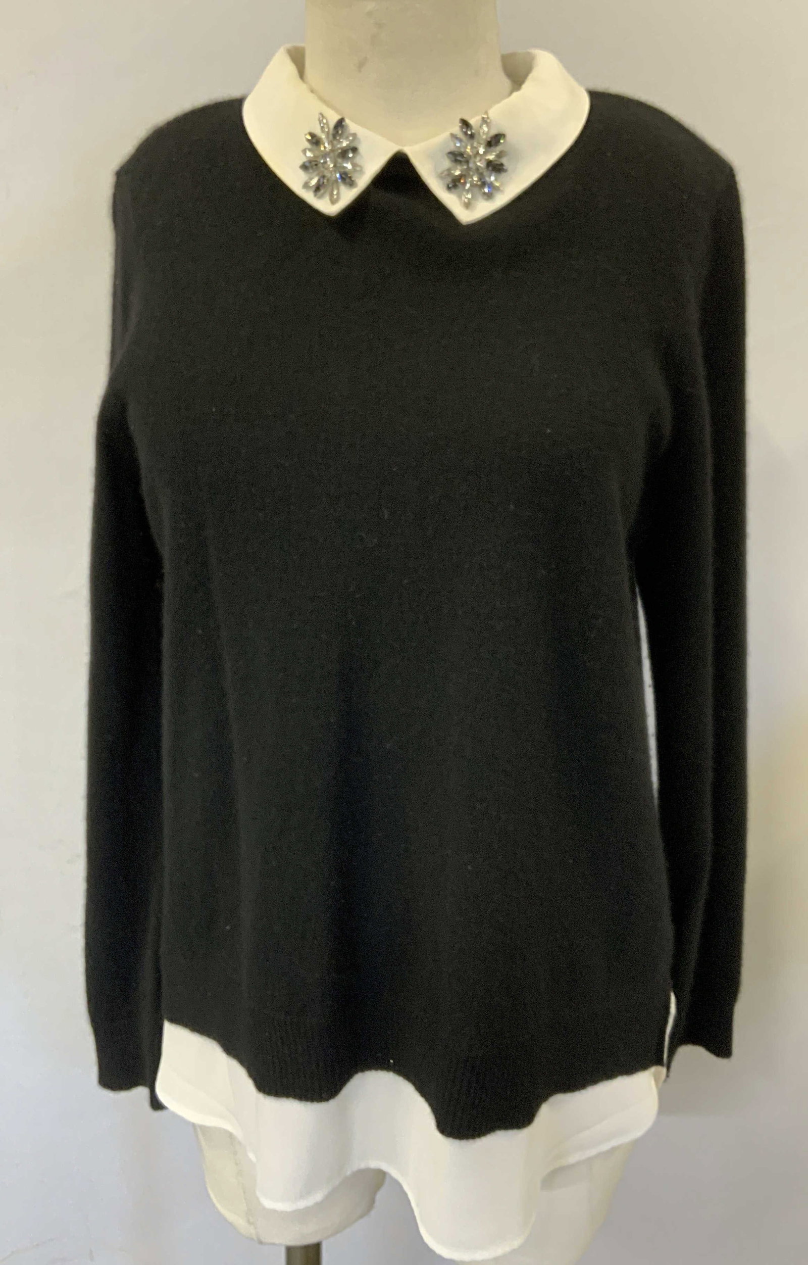 Charter Club Cashmere Jewel Collar Sweater: Charter club black cashmere with sweater with white jeweled collar. Size medium. Gently worn. Some blemishes on collar. Charter club, charter club sweater, ladies designer sweater, ladies designer cas