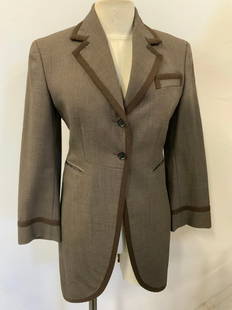 Romeo Gigli Italy Bergdorf Goodman Cocktail Jacket: Italian made clothing by Italian designer Romeo Gigli. Made for Luxury department store BERGDORF GOODMAN. Both labels are sewn to garment. Brown wool tweed jacket, size small/ medium. 32 in waist. 31