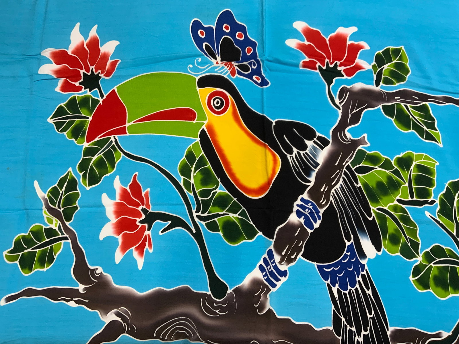 Pura Vida Costa Rica Toucan Wrap Scarf: Pura Vida Costa Rica blue wrap scarf with fringe and toucan motif. material feels like cotton. Measures approx. 66 inches long. Some blemishes observed. Pura vida, Pura Vida Costa Rica, Pura Vida scar