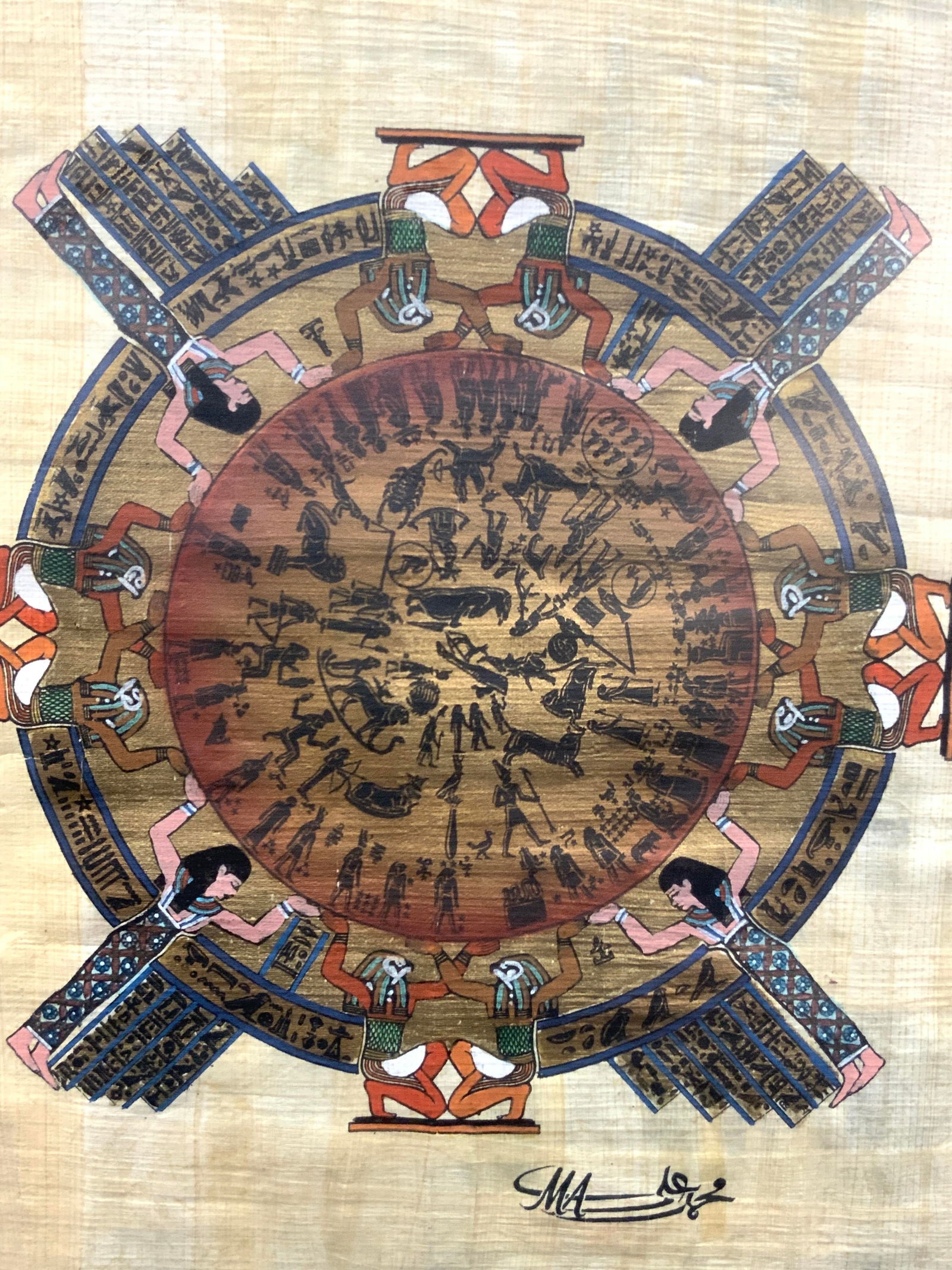 Hand Painted Dendera Zodiac Papyrus Painting Egypt (1 of 8)