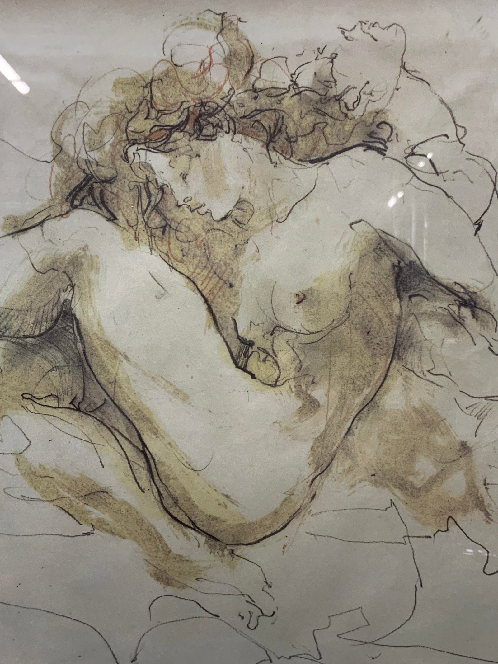 Nude Female Figural Sketch Lithograph: Lithograph depicting a nude woman intertwined with another male figure, Framed in a white wooden frame, approx 16,5 x 13.5 inches artwork measures 10.75 x 9.5 inches. Minor wearing to frame. Framed li