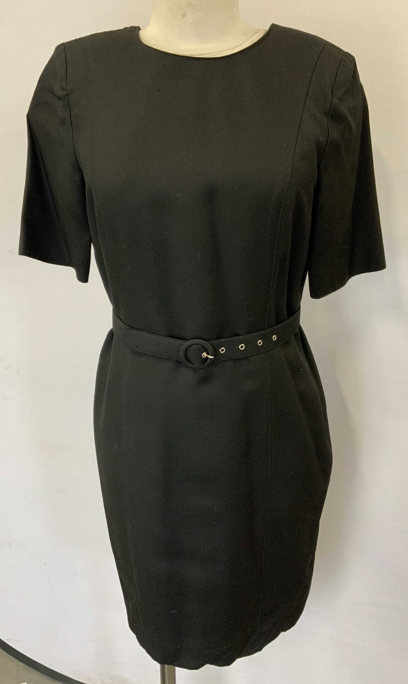 Les Copains Black Belted Shift Dress, Italy: Les Copains black belted short sleeve shift dress. Size 42. Made in Italy. Viscose and silk. Some wear to material consistent with exposure. Les Copains, Les Copains dress, ladies designer dress, ladi
