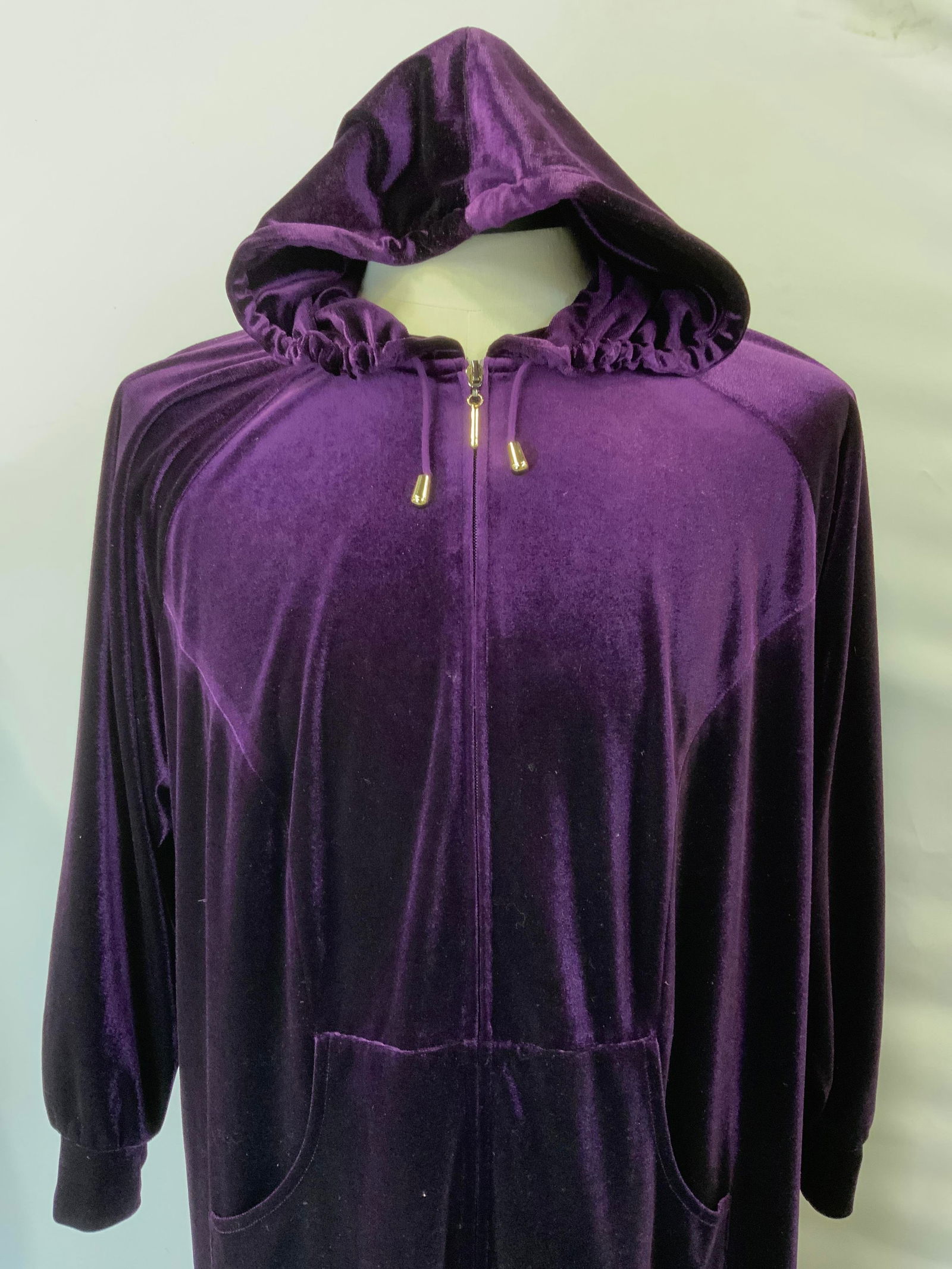 Joan Rivers Purple Velour Zippered Dress, Pl Sz: Joan Rivers plus size Leisurewear robe or winter dress., Has a hood, zippers 1/2 way down, has hand pockets, 45 in. Long, size 1x. ( 48 in. Waist) . Luxurious and soft. In like- new condition., Design