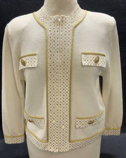 St John White Knit Embellished Gold Tn Jacket: St John by Marie Gray white knit jacket with gold tone embellishments and buttons. Material feels like wool. Size medium. Some wear to material and blemishes observed. St. John, St. John Marie gray, S