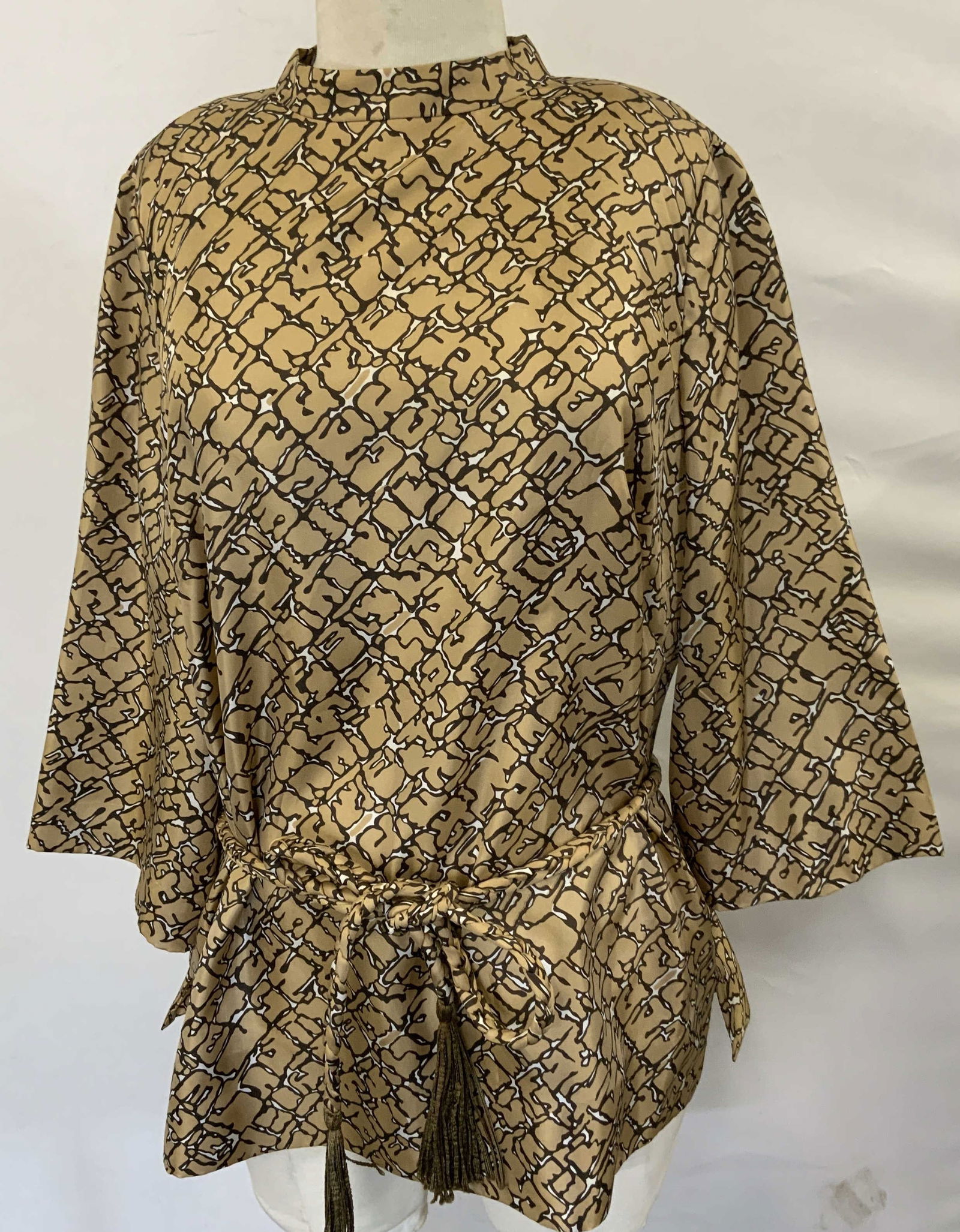 Tan Graphic Print Silk Tie Waist Top (1 of 6)