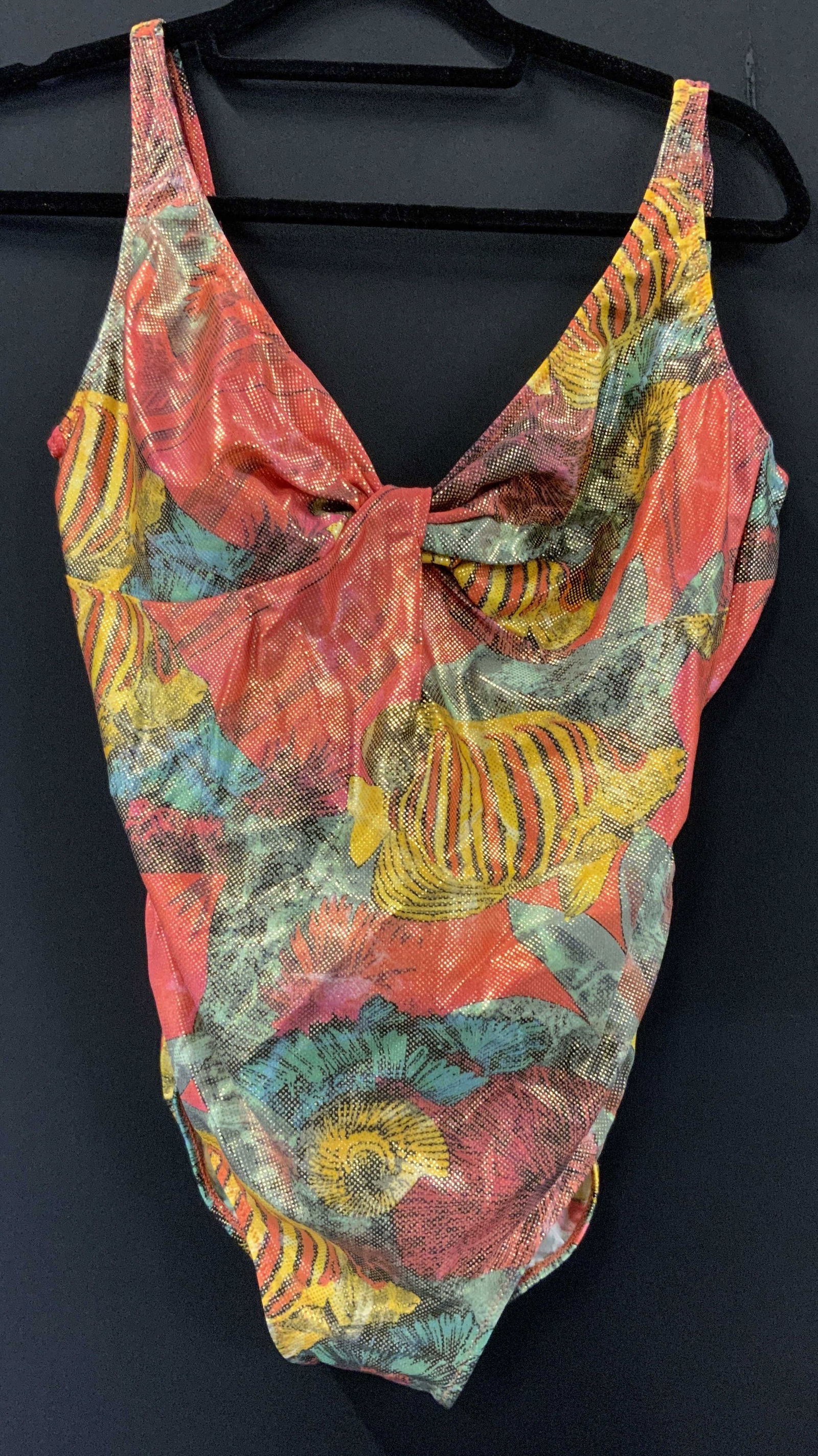 Angel Fish Motif Metallic 1Pc Bathing Suit: Bright colored fabric angel fish Ocean motif bathing suit with under water features like shells and sea plants. color palette of red/ coral, yellow, mint green, and metallic gold all over. No designer