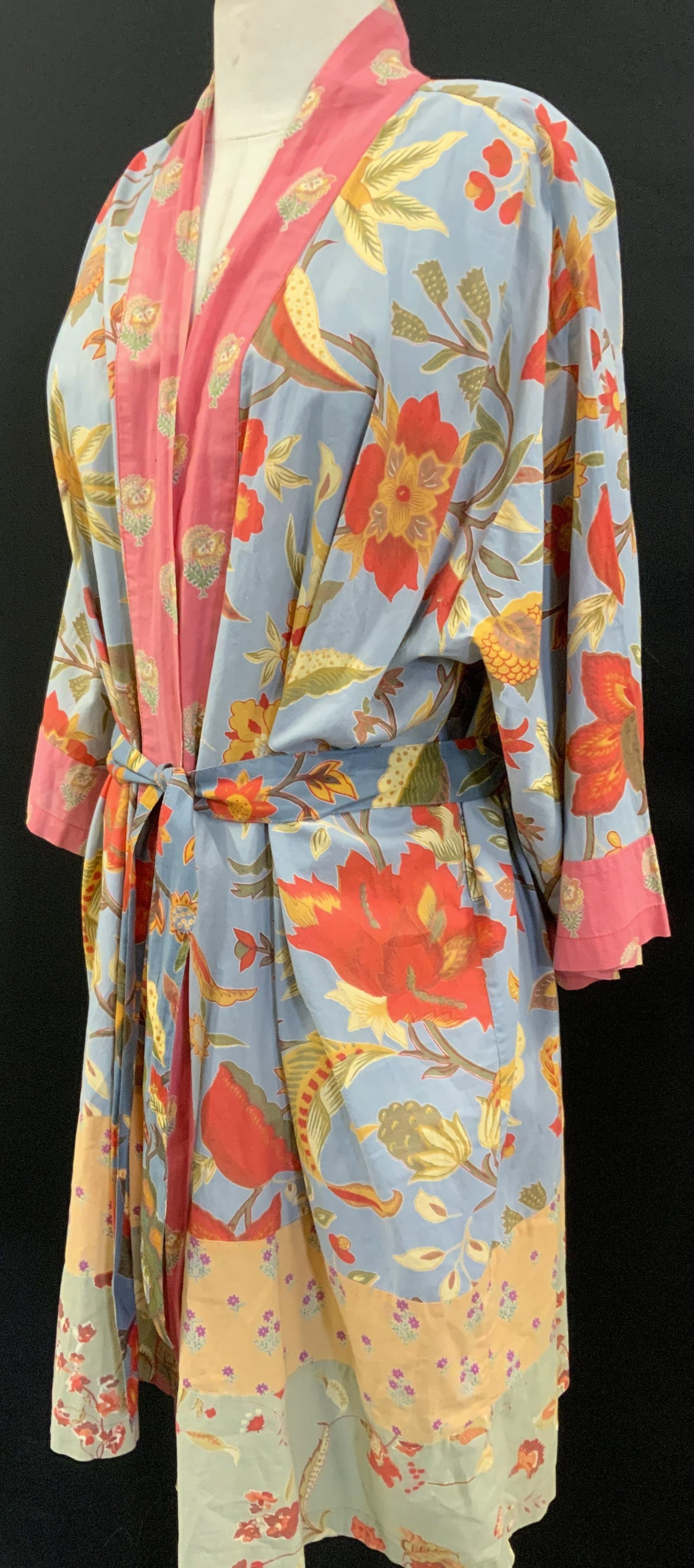 French Country Cotton Floral Robe w Tie Belt: French Country Cotton Floral robe with muted sections of colors and a matching tie belt. Blue - grey, saffron, light moss green , and muted pink with large red and saffron flowers to more of a chintz 