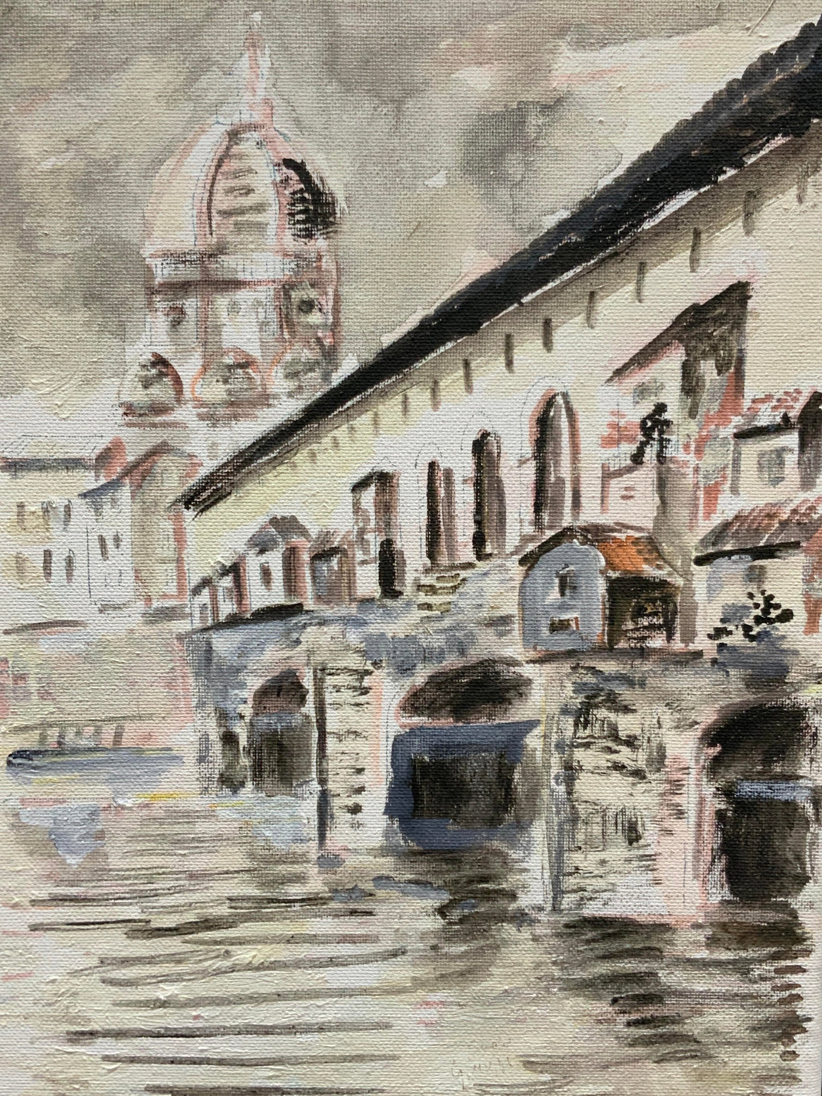 Sgd Venice Acrylic Painting On Canvas: Signed on backside with the name possibly reading Giuseppe Depicts a view of Venice with the basilica of St Mark in the distance Approx 13 x 9.5 inches no frame. Moderate wearing to painting Canvas pa