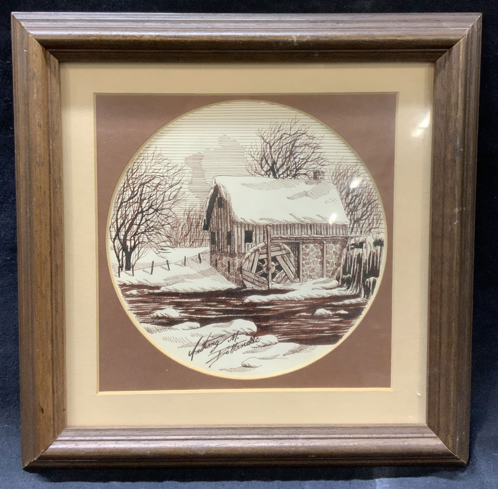 Anthony M. Bottanelli Sgd Snowy Cottage Drawing: Signed on lower right corner of pen and ink drawing of a snow covered cottage in winter. signed on lower right corner. Marked on backside the business card of Anthony M.Bottanelli Framed in a wooden f