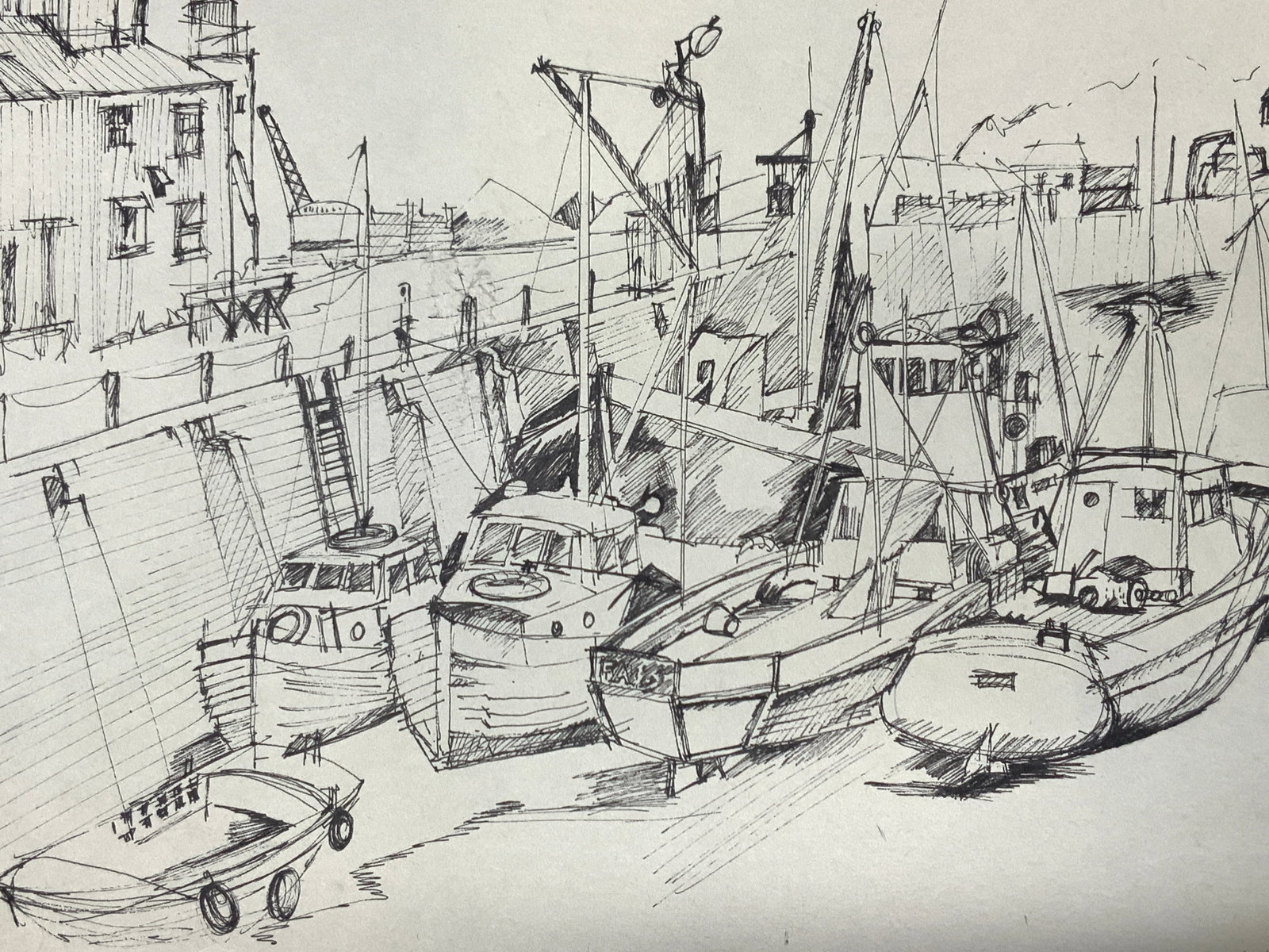 1963 Boat Dock Still Life Ink Drawing: Still life drawing in ink of a boat dock with various fishing boats on the docks. Signed on lower right corner April 1963. No frame. Approx 12.5 x 15 inches Evident wearing and tears to paper due to a